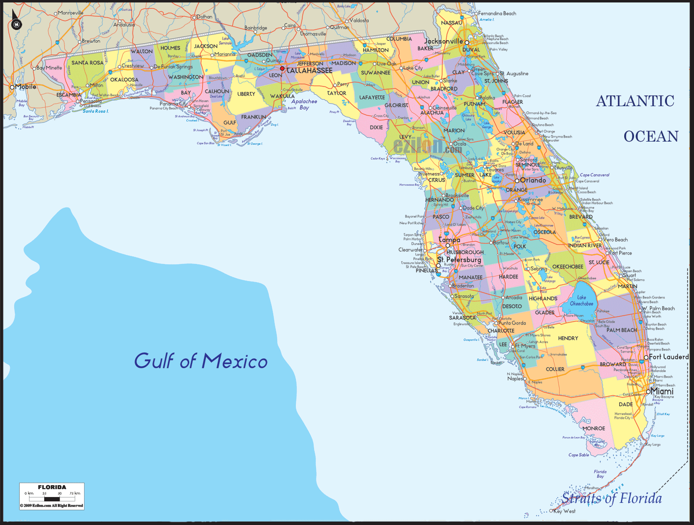 Detailed large map of Florida State USA showing cities, towns, county formations, roads highway, US highways and State routes.