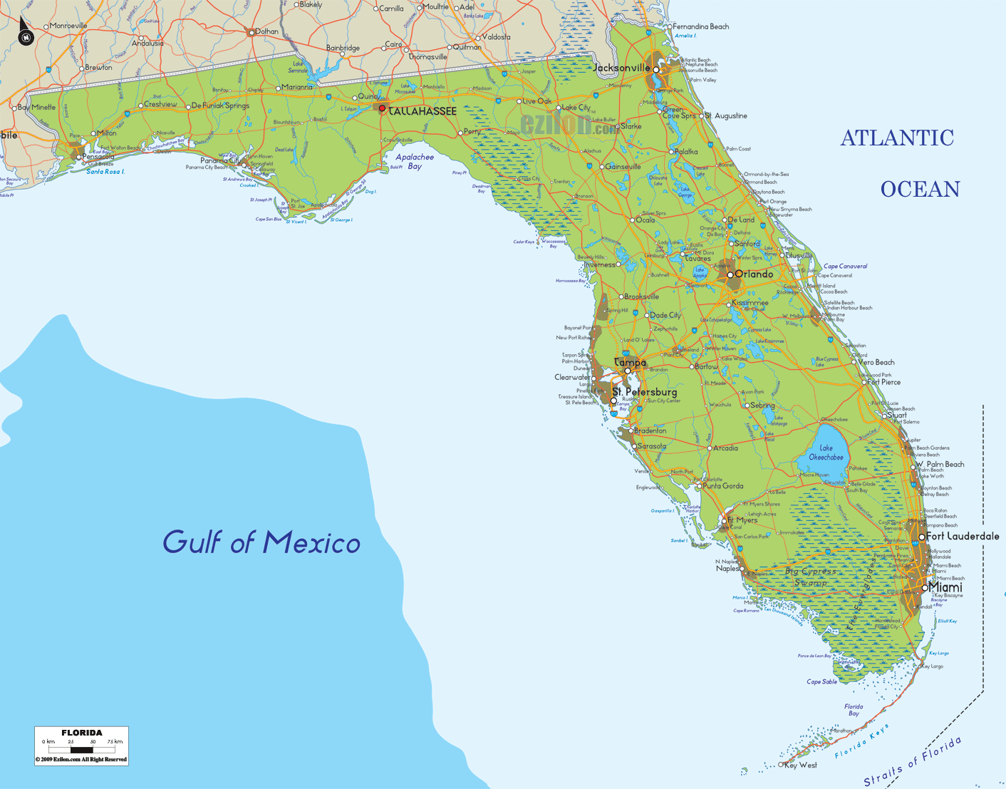 Physical map of Florida State USA showing major geographical features such as rivers, lakes, borders with atlantic ocean, gulf of Mexico and other topography or land formations.