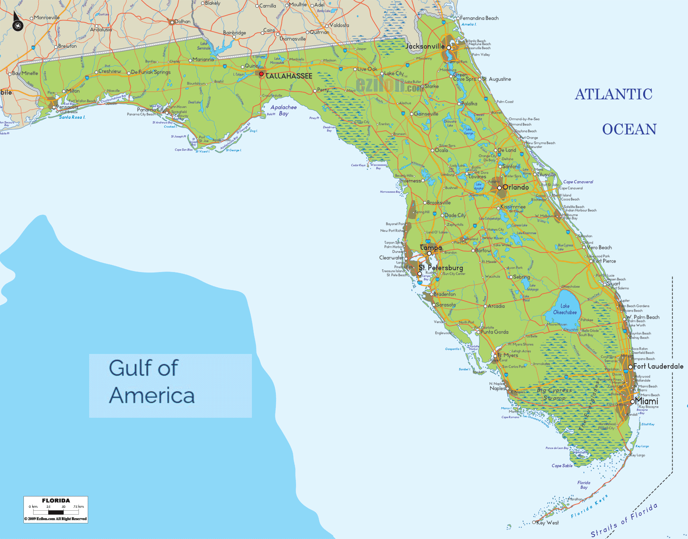 Physical map of Florida State USA showing major geographical features such as rivers, lakes, borders with atlantic ocean, gulf of Mexico and other topography or land formations.