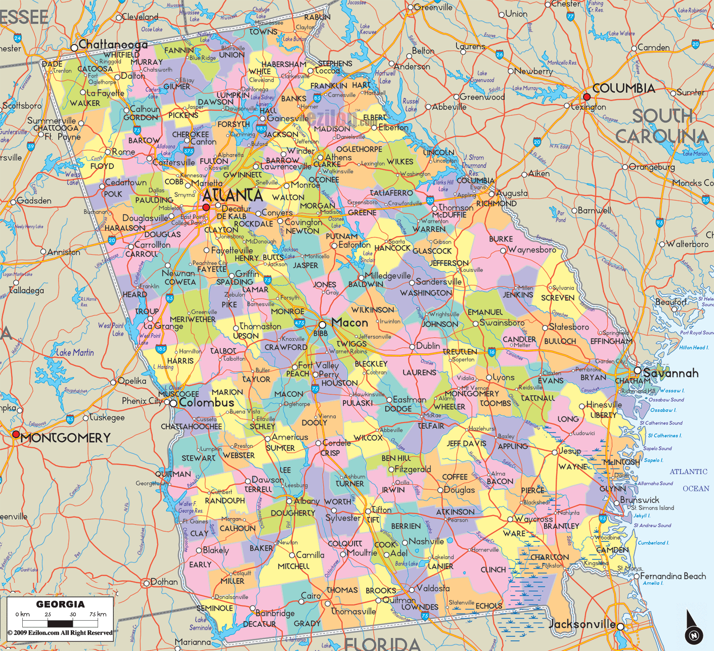 Detailed large map of Georgia State USA showing cities, towns, county formations, roads highway, US highways and State routes.