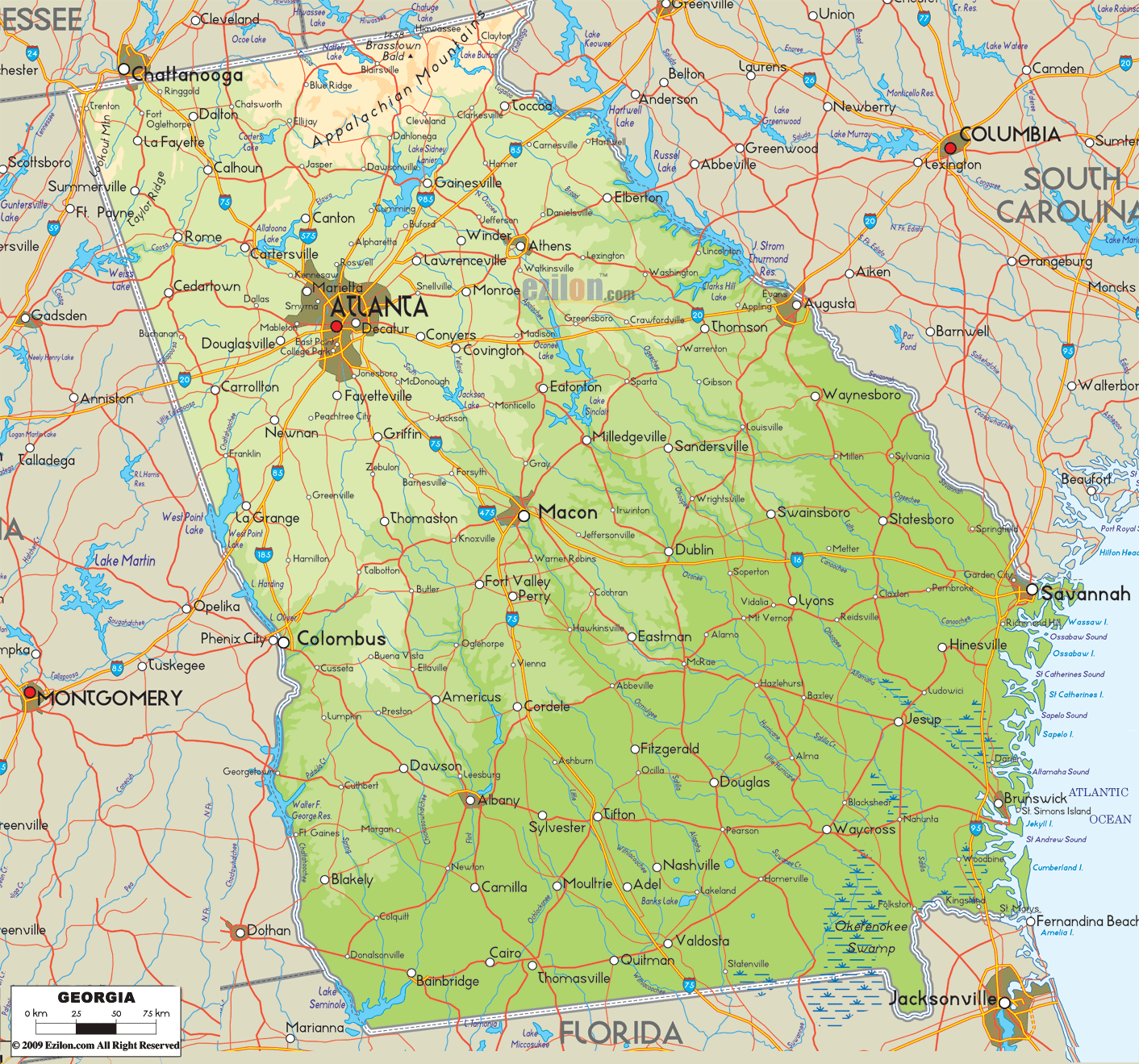 Physical map of Georgia State USA showing major geographical features such as rivers, lakes, topography and land formations.