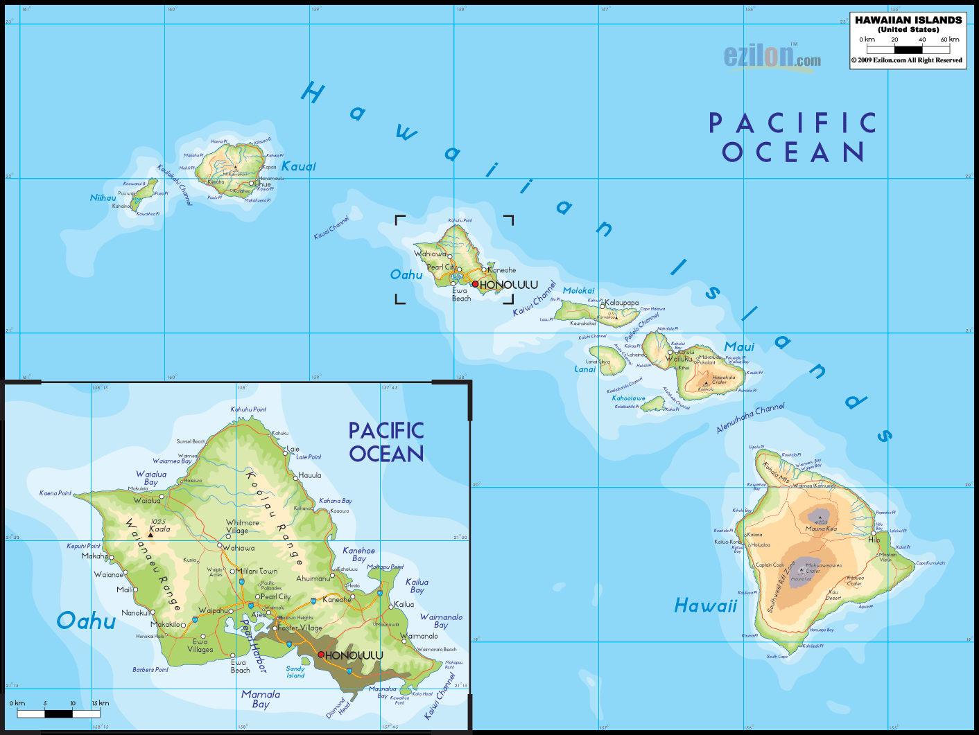 Physical map of Hawaii State USA showing major geographical features such as rivers, lakes, topography and land formations.