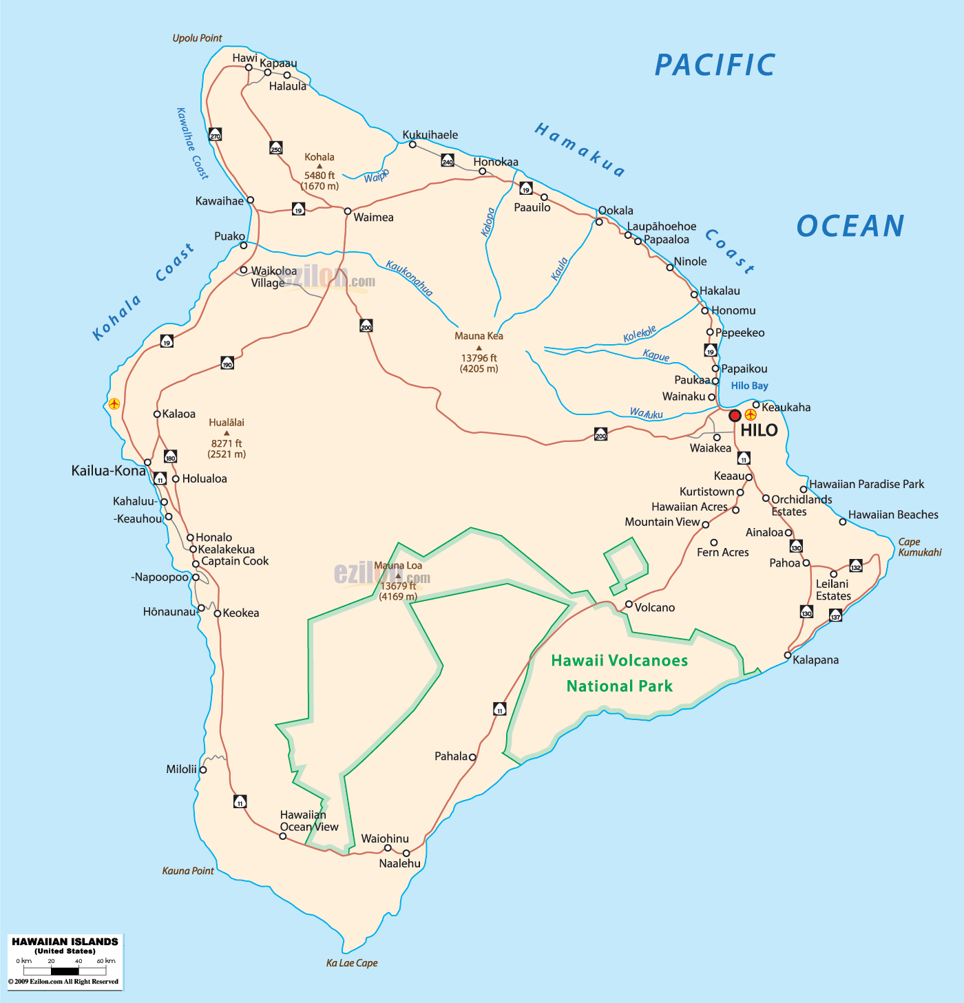 Detailed large map of Hawaii showing cities, towns, county formations, roads highway, US highways and State routes.