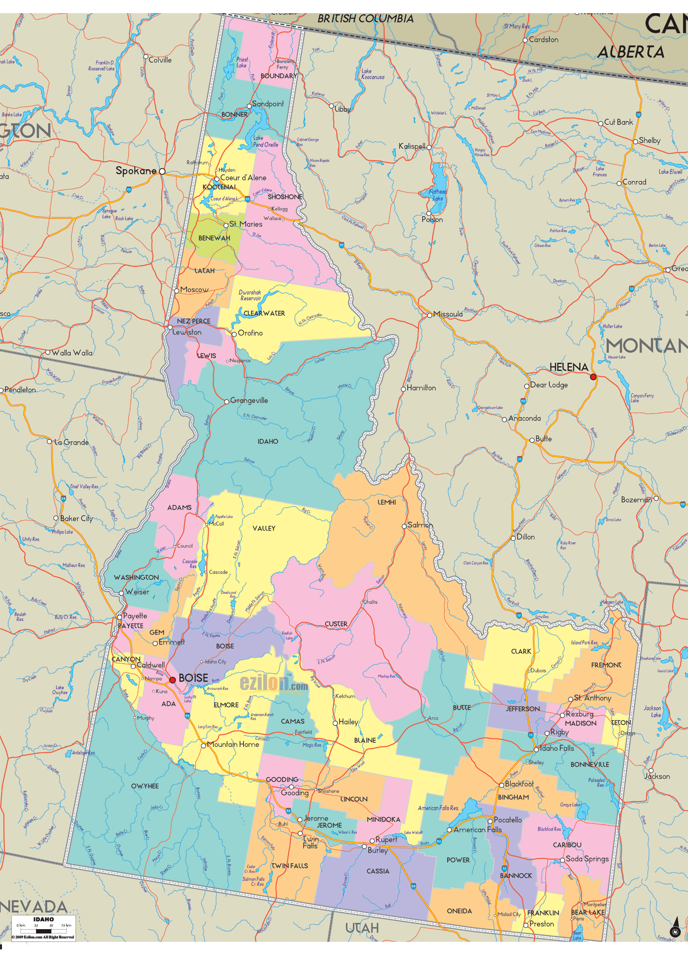 Detailed large map of Idaho State, USA showing cities, towns, county formations, roads highway, US highways and State routes.