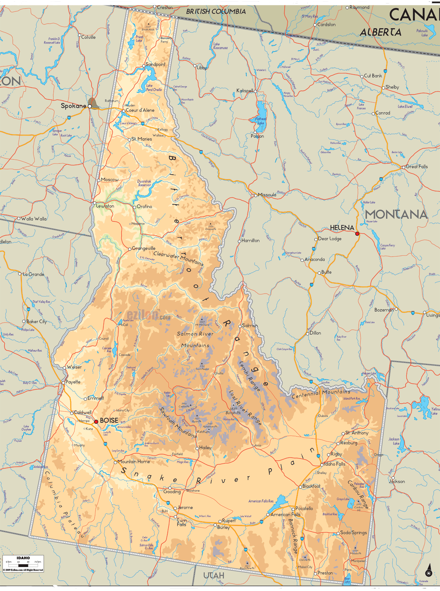 Physical map of Idaho State USA showing major geographical features such as rivers, lakes, mountain ranges, plateaus, plains topography and land formations.