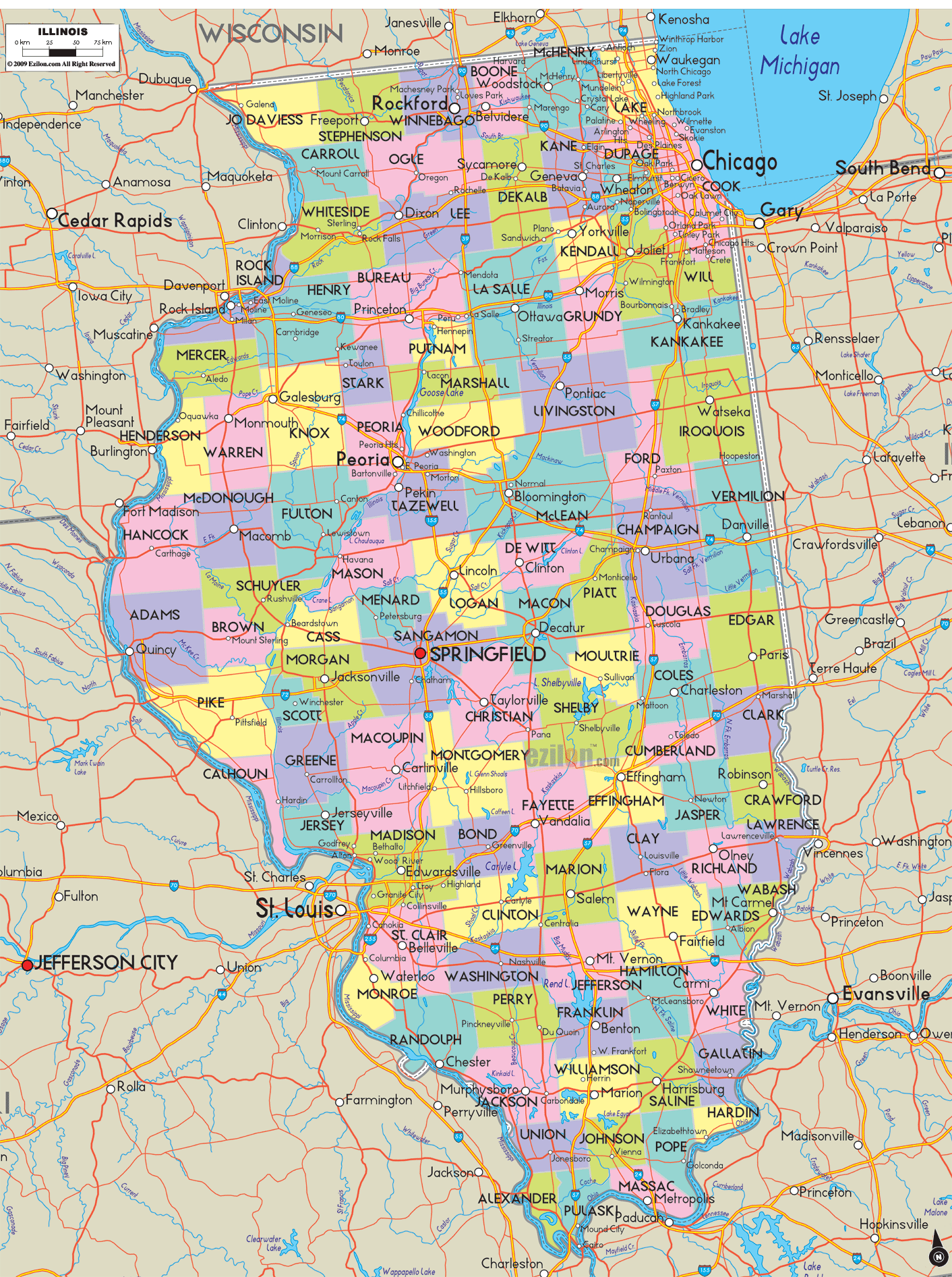 Detailed Political Map of Illinois Ezilon Maps