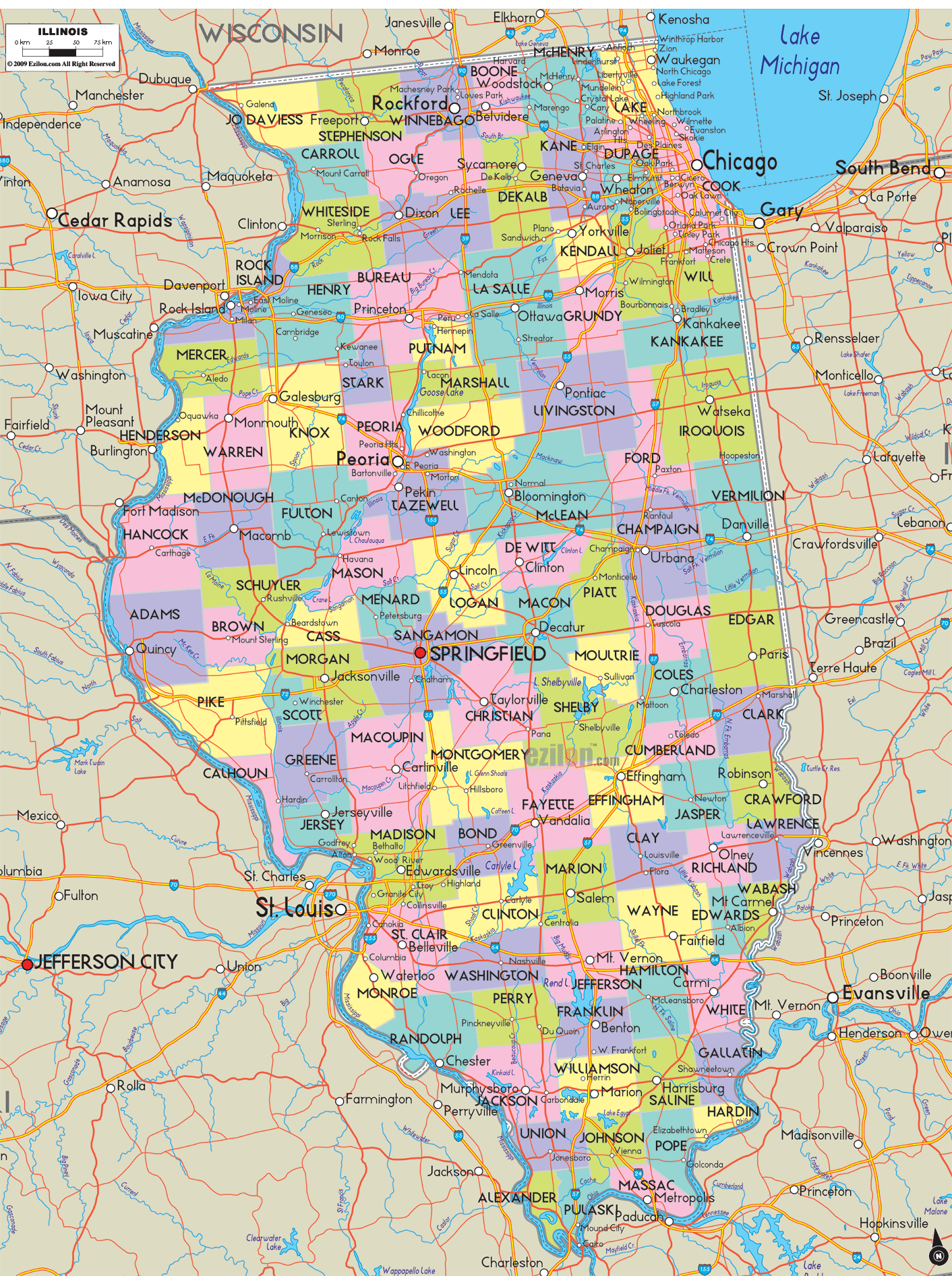 Detailed Map of Illinois State Ezilon Maps