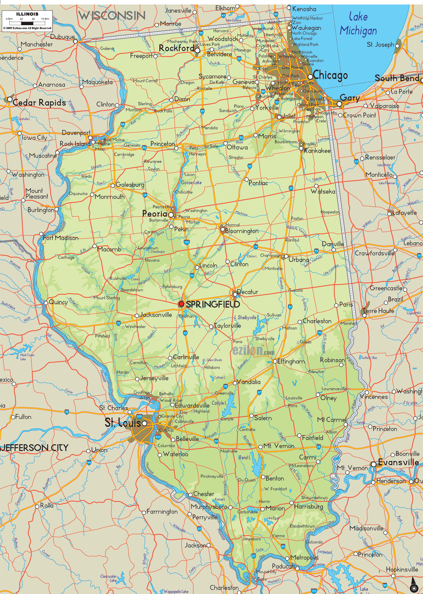 Physical map of Illinois State, USA showing major geographical features such as rivers, lakes, topography and land formations.