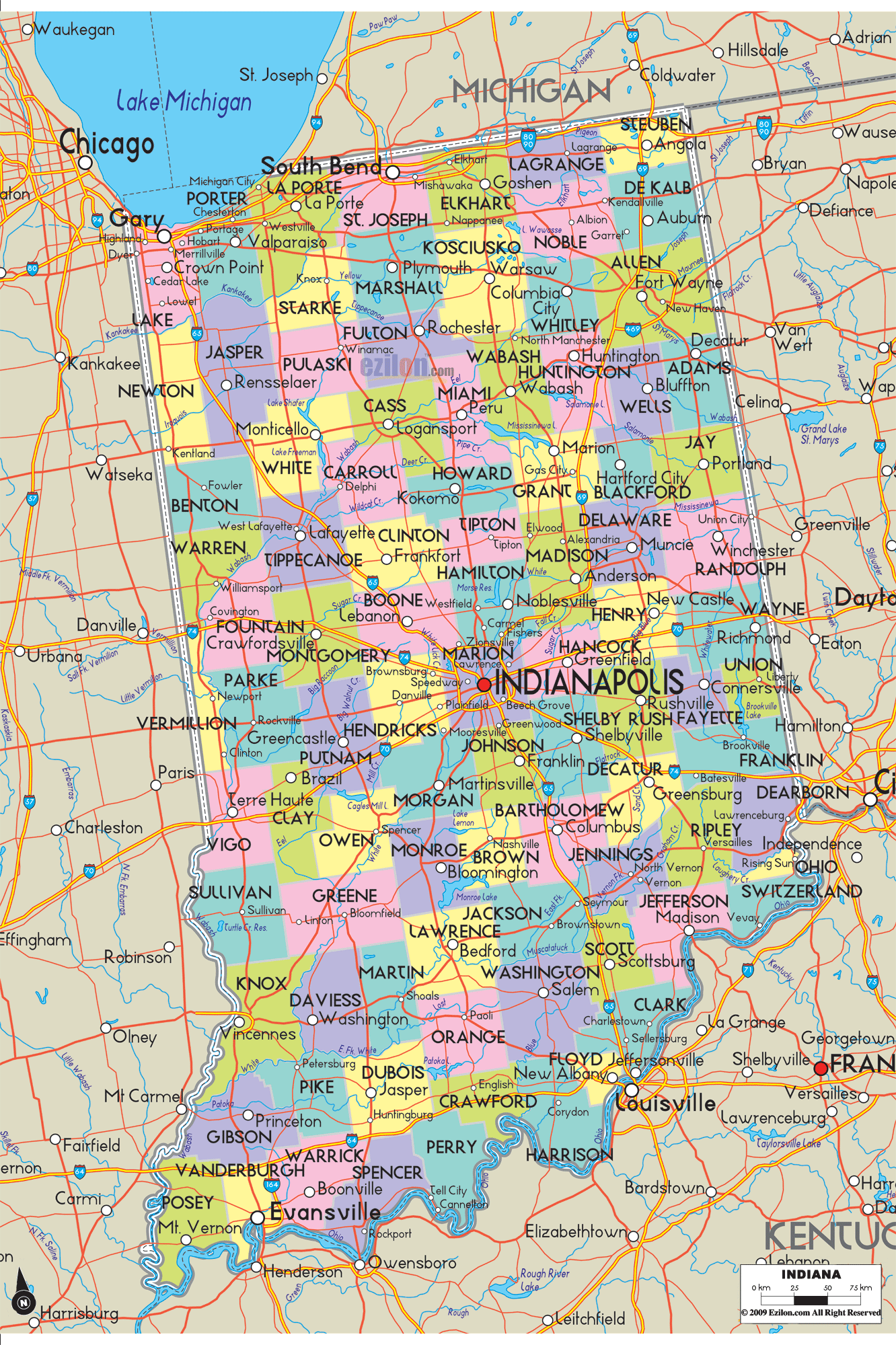 Detailed large map of Indiana State, USA showing cities, towns, county formations, roads highway, US highways and State routes.