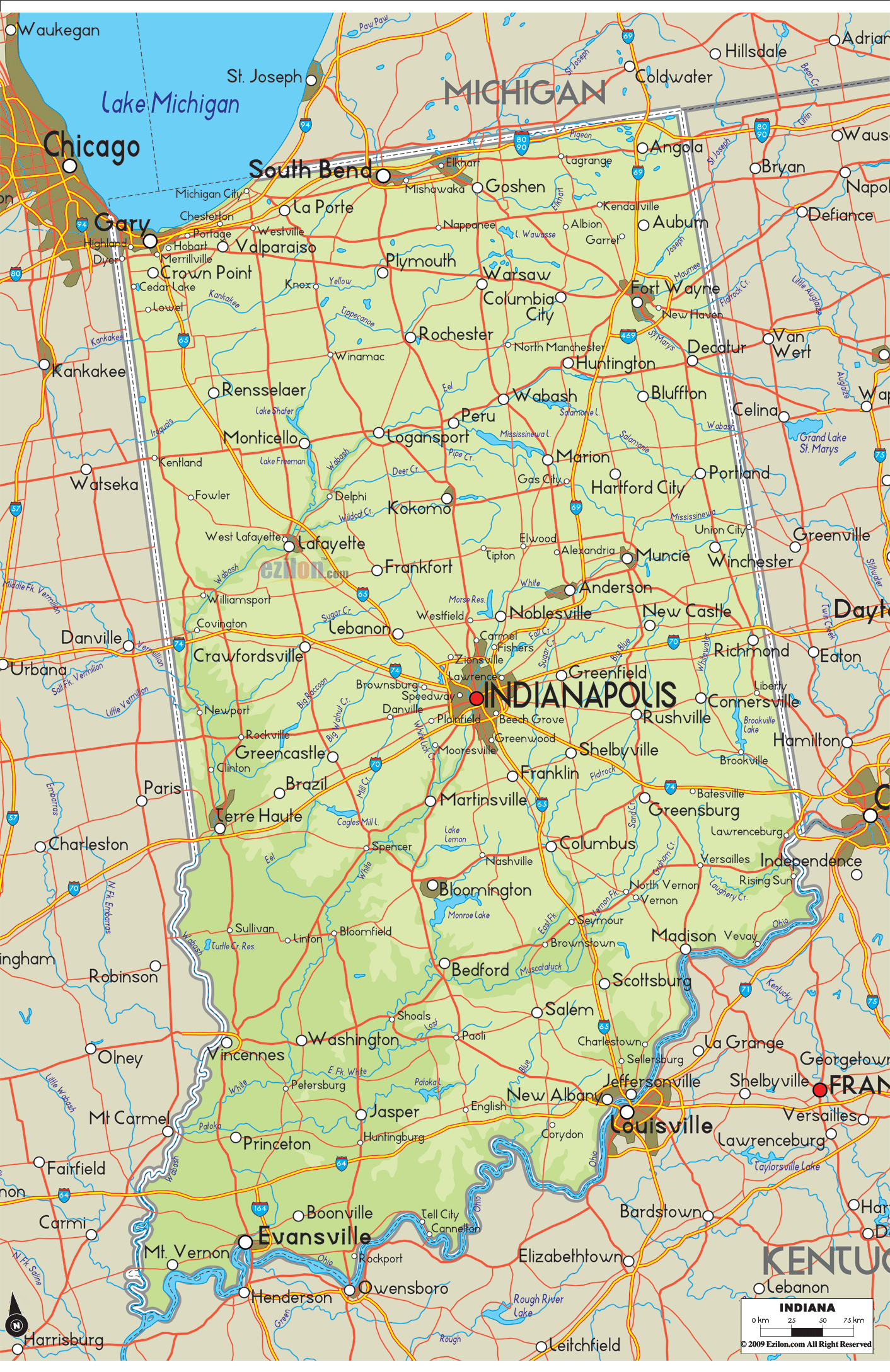 Detailed physical map of Indiana State, USA showing major geographical features such as rivers, lakes, topography, vegetations and land formations.