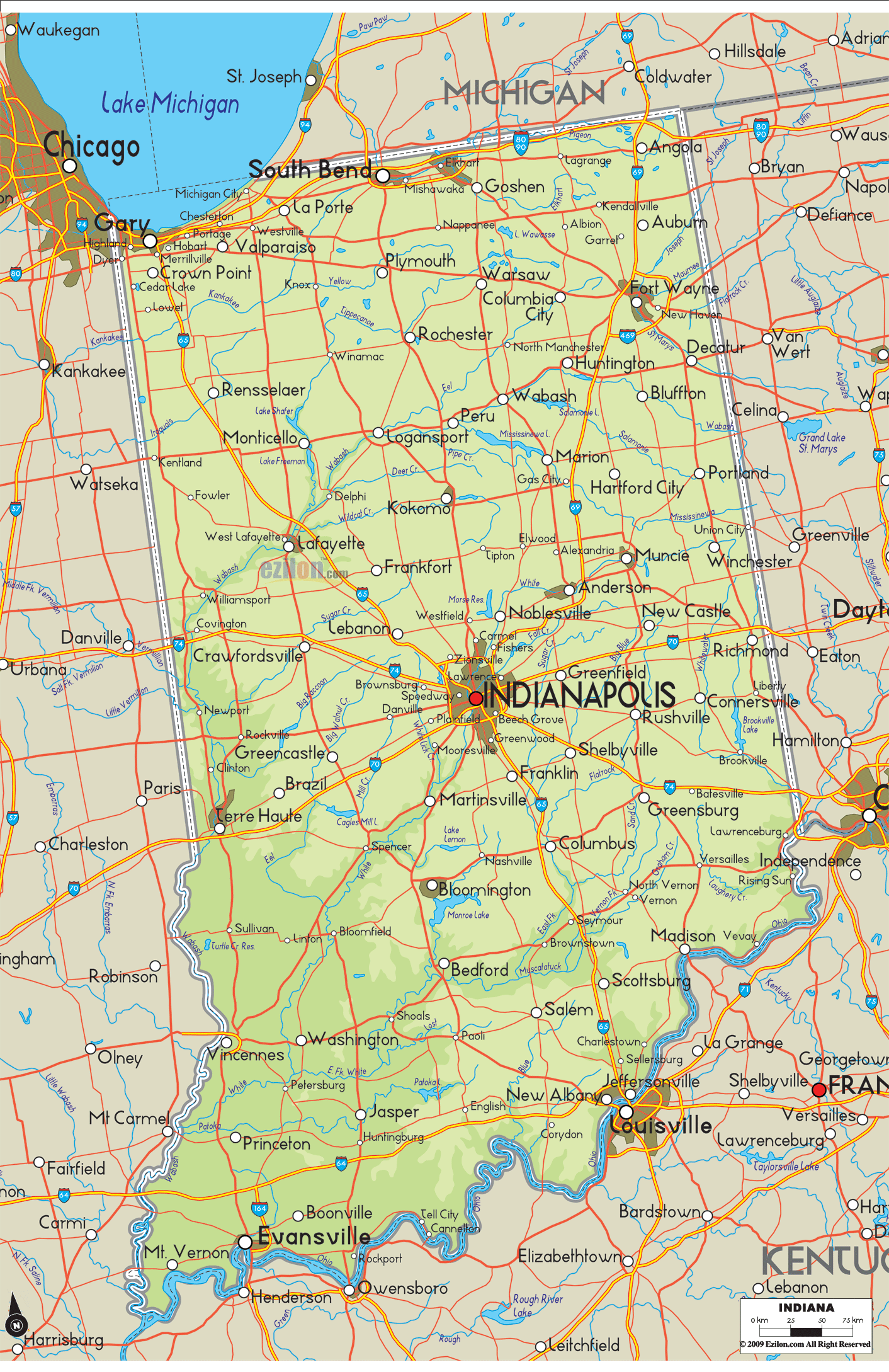 Physical Map Of Indiana State Ezilon Maps