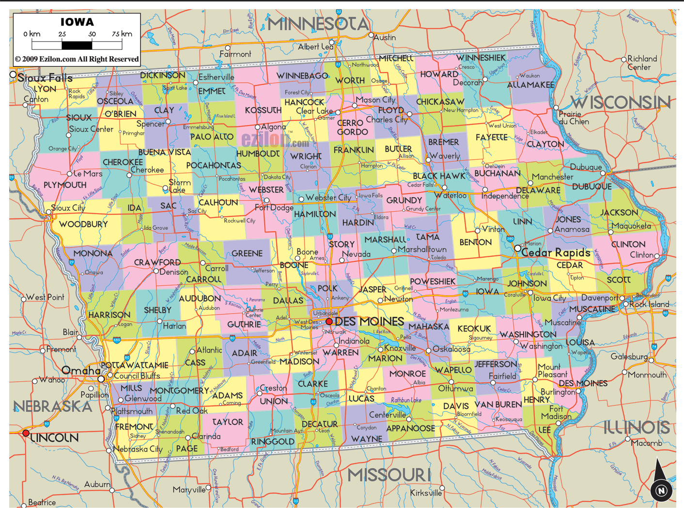 Detailed large map of Iowa State showing cities, towns, counties, roads highway, neighboring state, US highways and State routes.