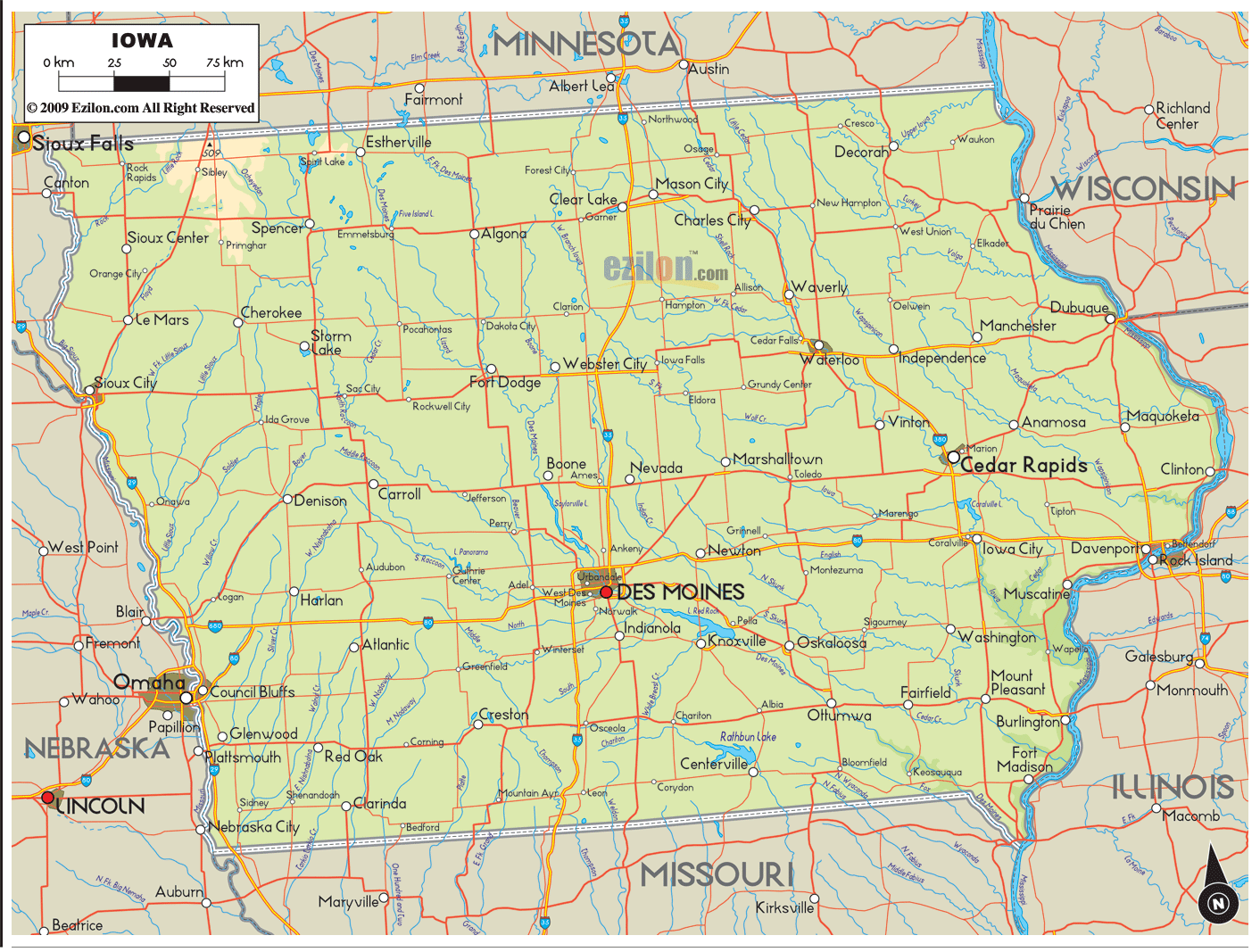 Physical map of Iowa State, USA showing major geographical features such as rivers, lakes, mountains, hills, topography and land formations.