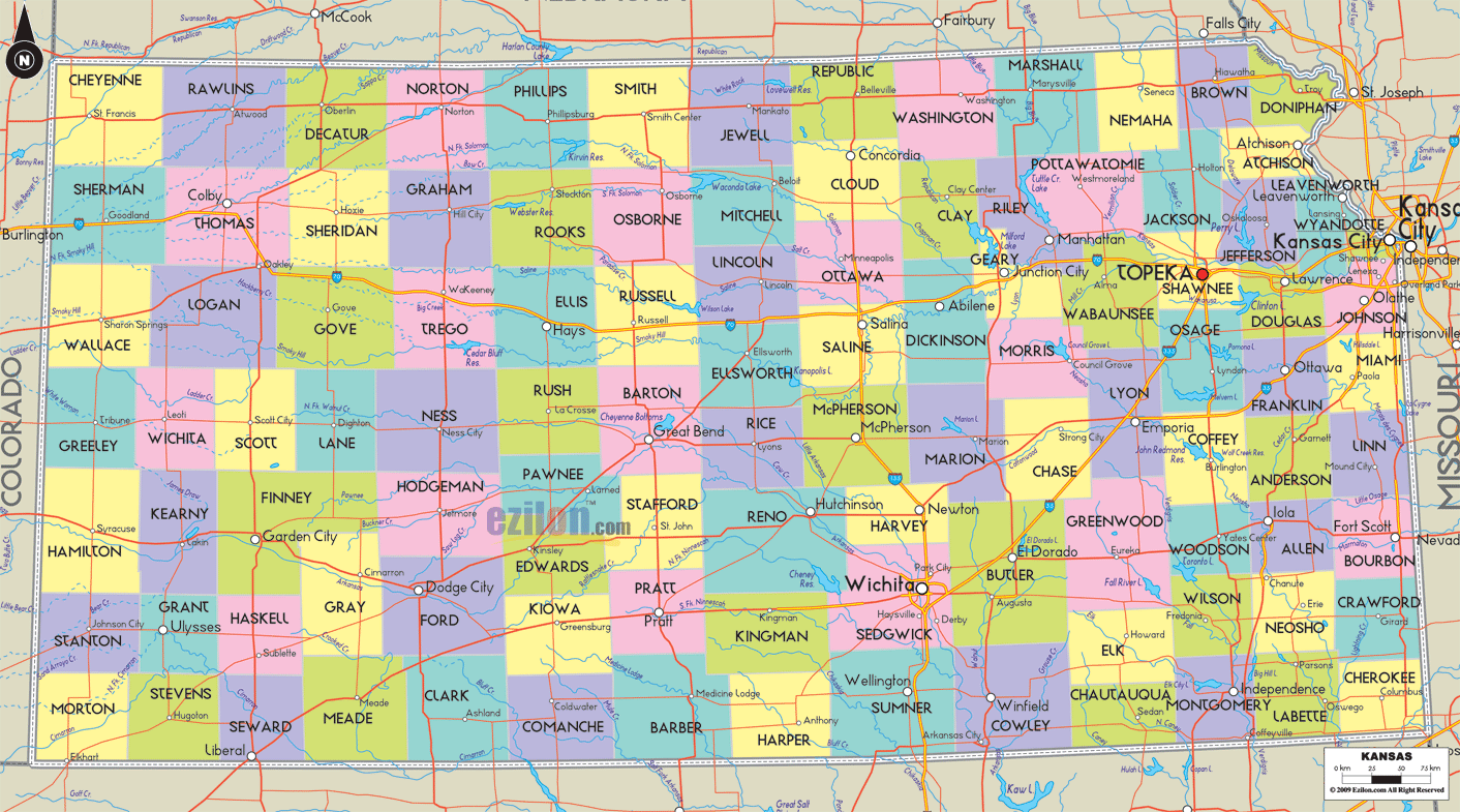 Detailed large map of Kansas State, USA showing cities, towns, counties, road intersections, highways such as US highways and State routes.