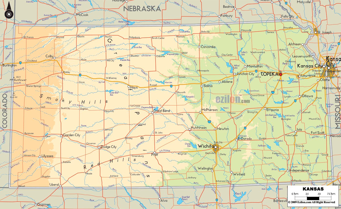 Physical map of Kansas State, USA showing major geographical features such as rivers, lakes, topography and land formations.