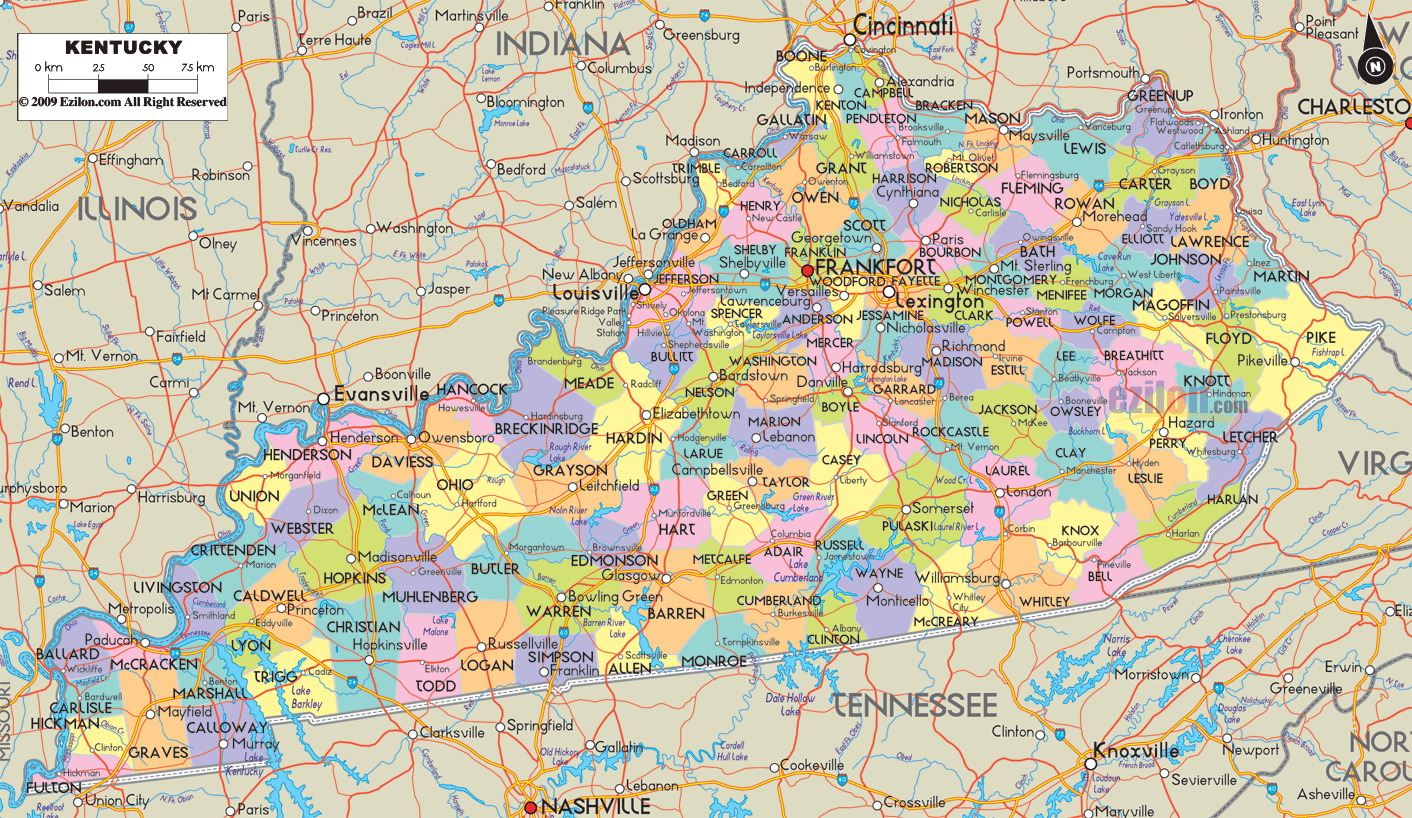 Detailed large map of Kentucky State, USA showing cities, towns, county formations, roads highway, US highways and State routes.