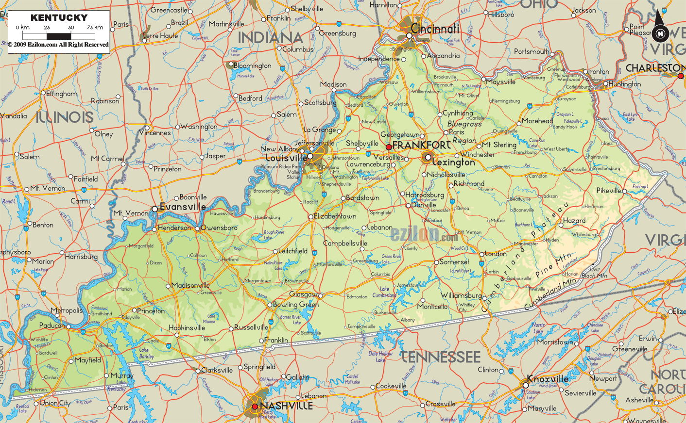 Physical map of Kentucky State, USA showing major geographical features such as rivers, lakes, topography and land formations.