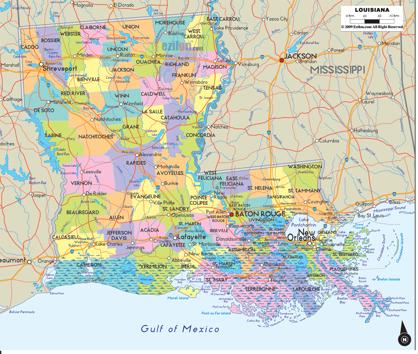 Detailed large map of Louisiana State, USA showing cities, towns, county formations, roads highway, US highways and State routes.

