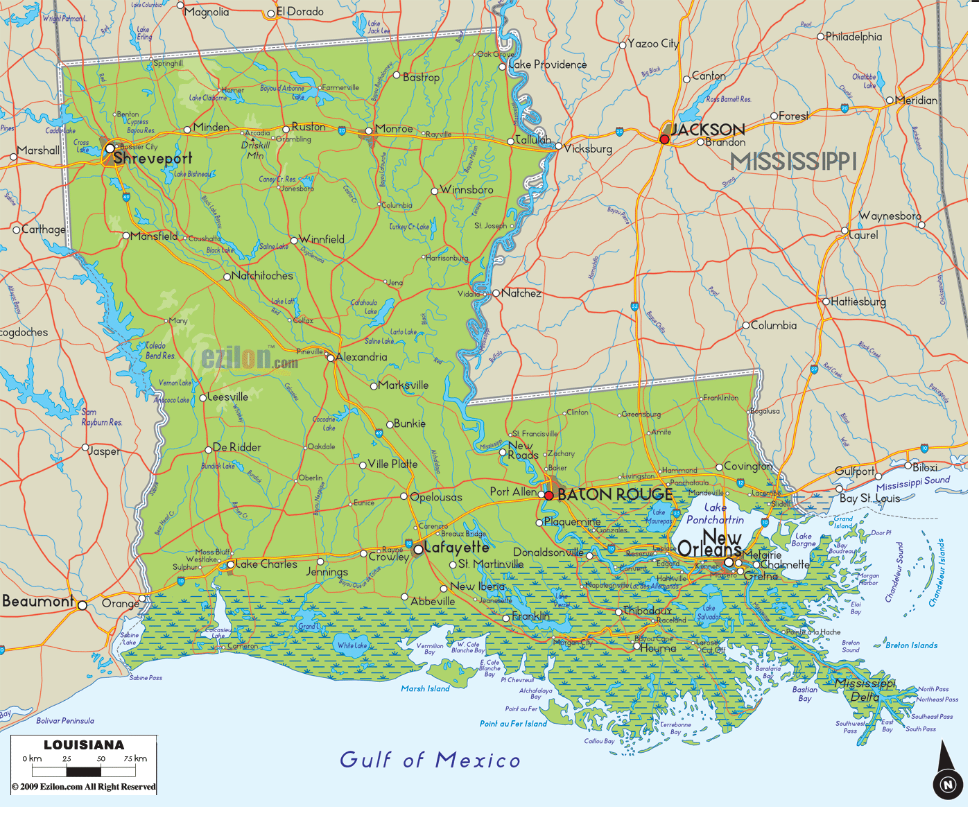 Detailed Physical map of Louisiana State, USA showing major geographical features such as rivers, lakes, topography and land formations.