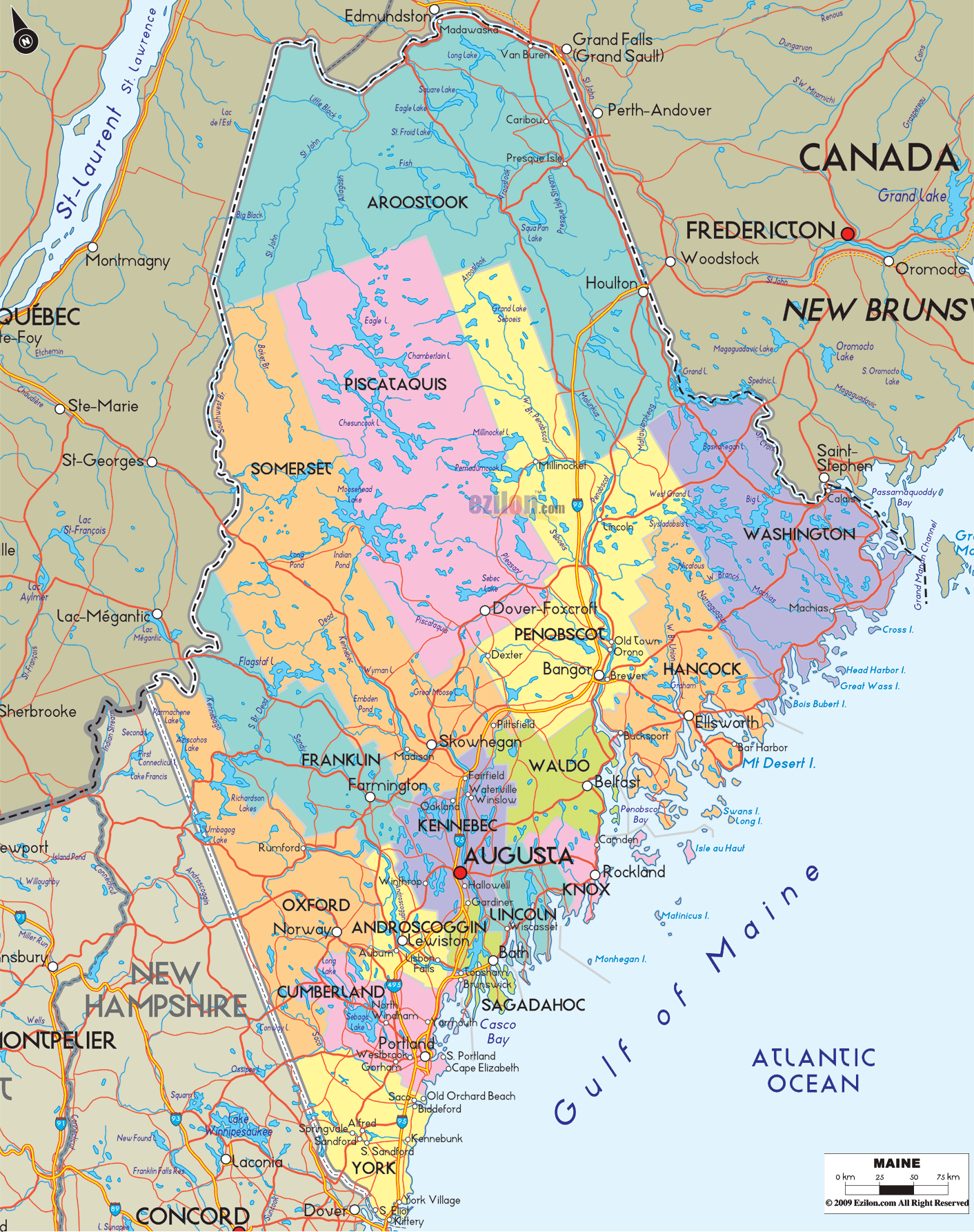 Detailed large map of Maine State, USA showing cities, towns, county formations, roads highway, US highways and State routes.