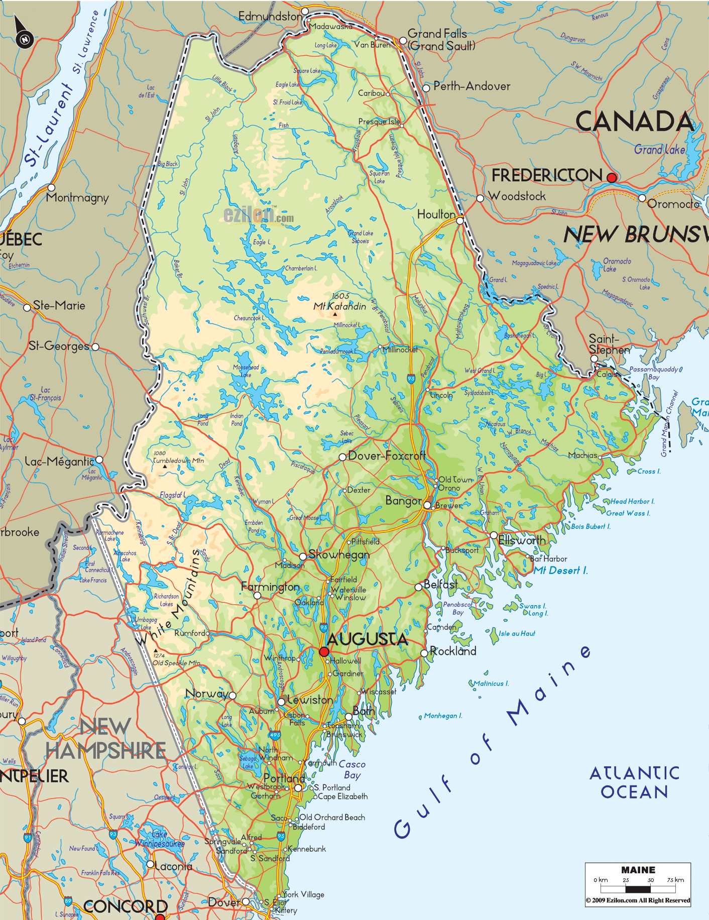 Large detailed physical map of Maine State USA showing, rivers, lakes, elevations and other topographic features.