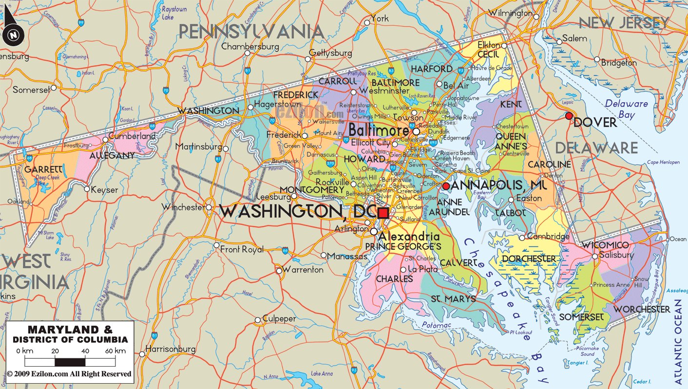 Detailed combined map of Maryland and Washington DC, USA showing cities, towns, counties, roads intersections, highways such as US highways and State routes.