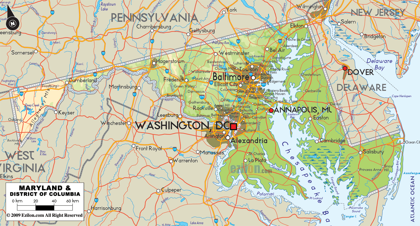 Physical map of Maryland State, USA showing, rivers, lakes, elevations and other topographic features.