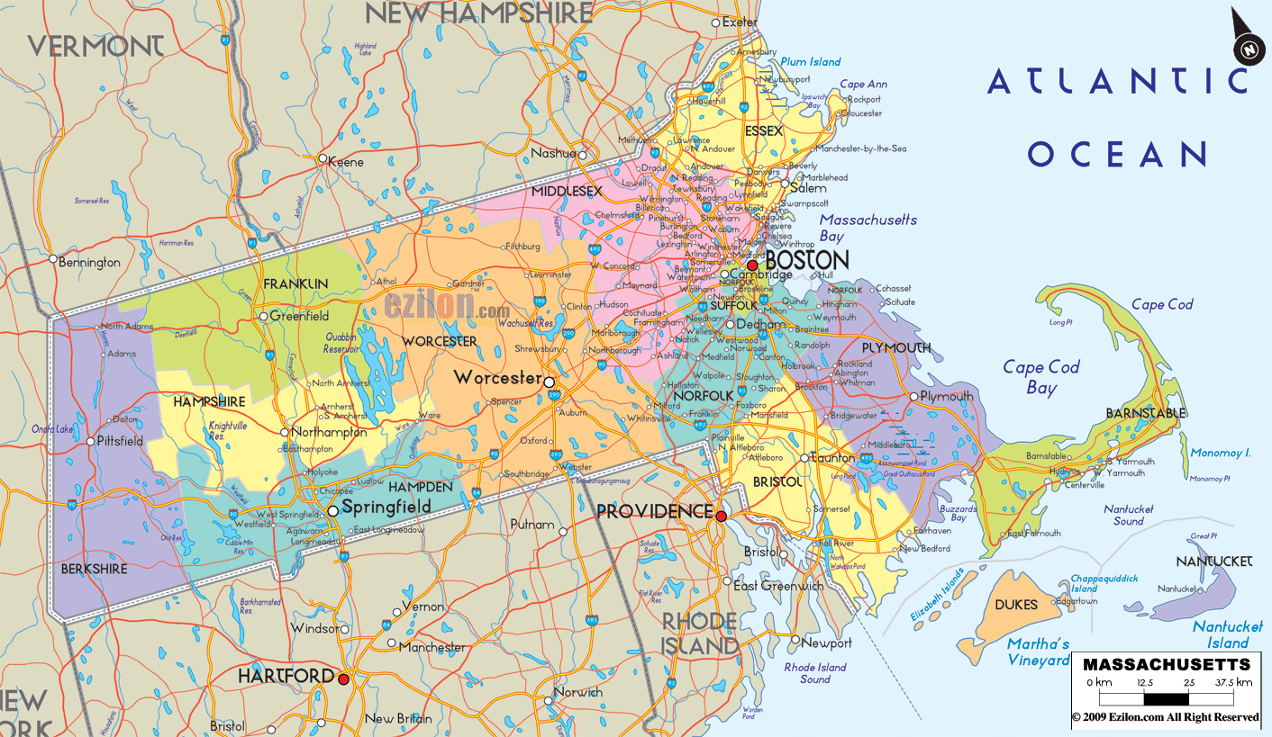 Detailed Political Map Of Massachusetts Ezilon Maps