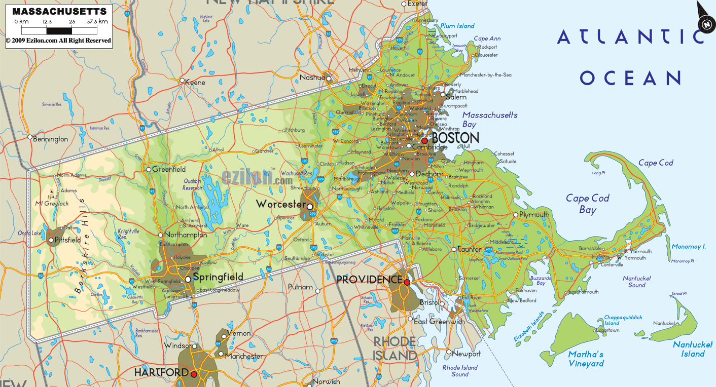 The Physical map of Massachusetts State, USA showing major geographical features such as rivers, lakes, topography and land formations.
