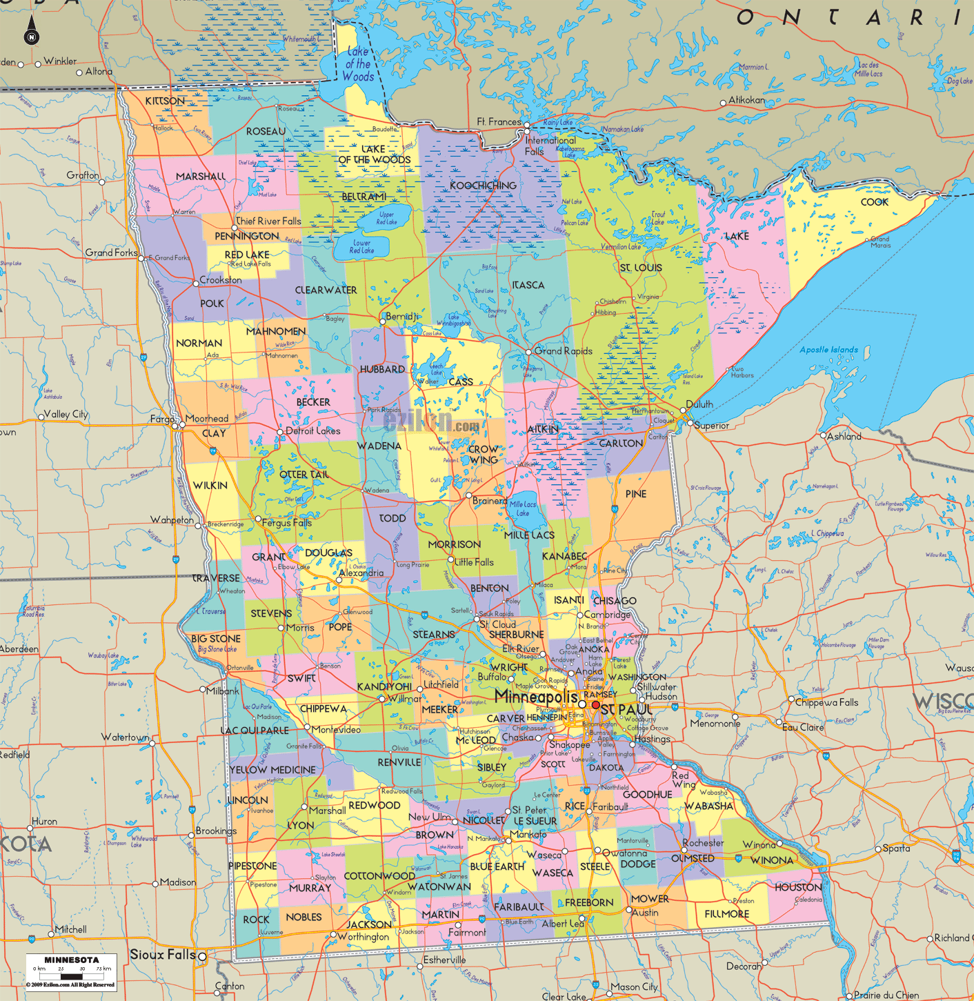 Detailed large map of Minnesota State, USA showing cities, towns, county formations, roads highway, US highways and State routes.