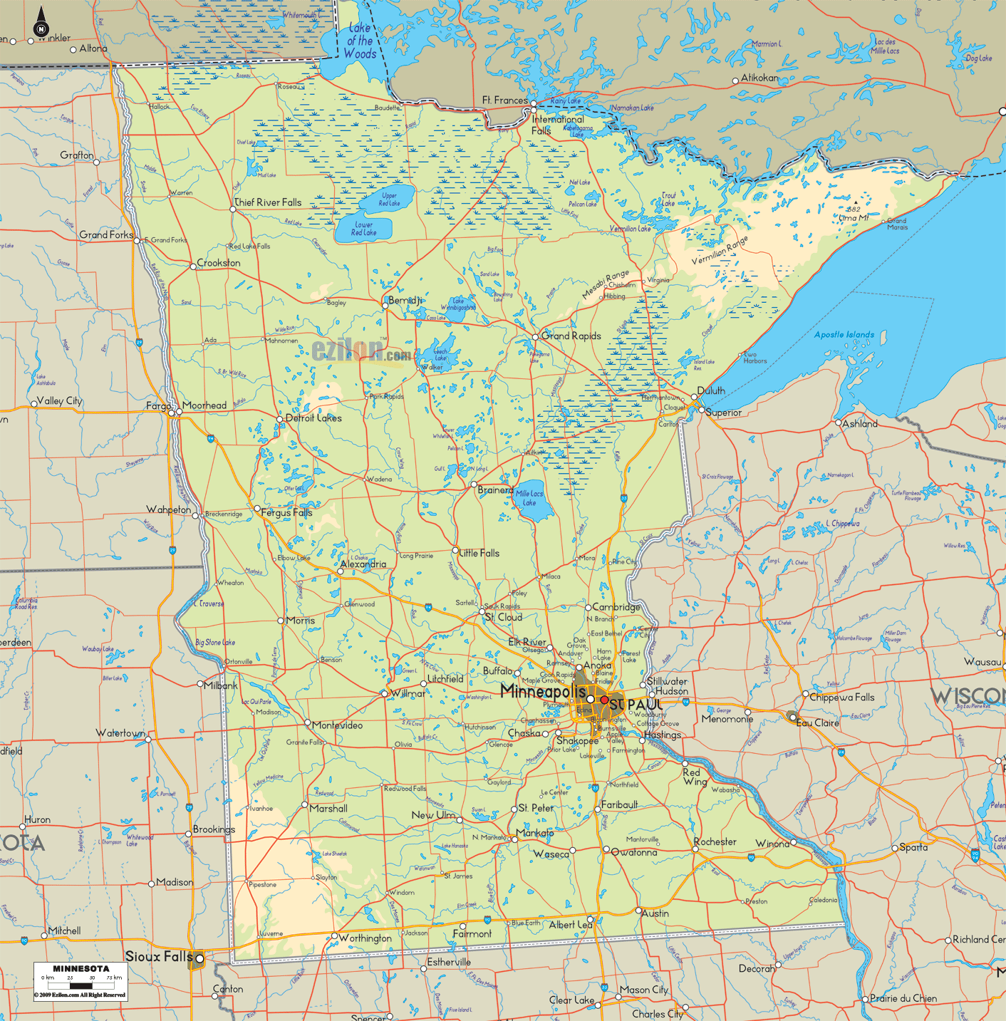 Physical map of Minnesota State, USA showing major geographical features such as rivers, lakes, mountains, hills, topography and land formations.