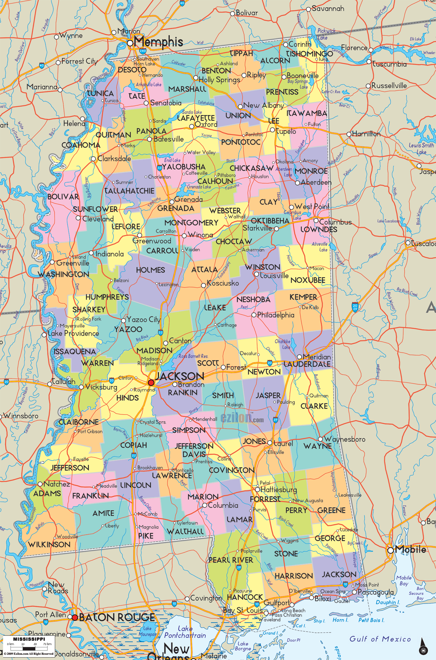 Detailed large clear map of Mississippi State, USA showing cities, towns, county formations, roads highway, US highways and State routes.