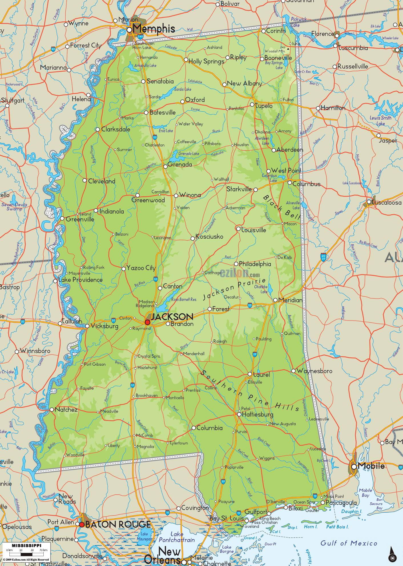 Physical Map of Mississippi - Ezilon Maps