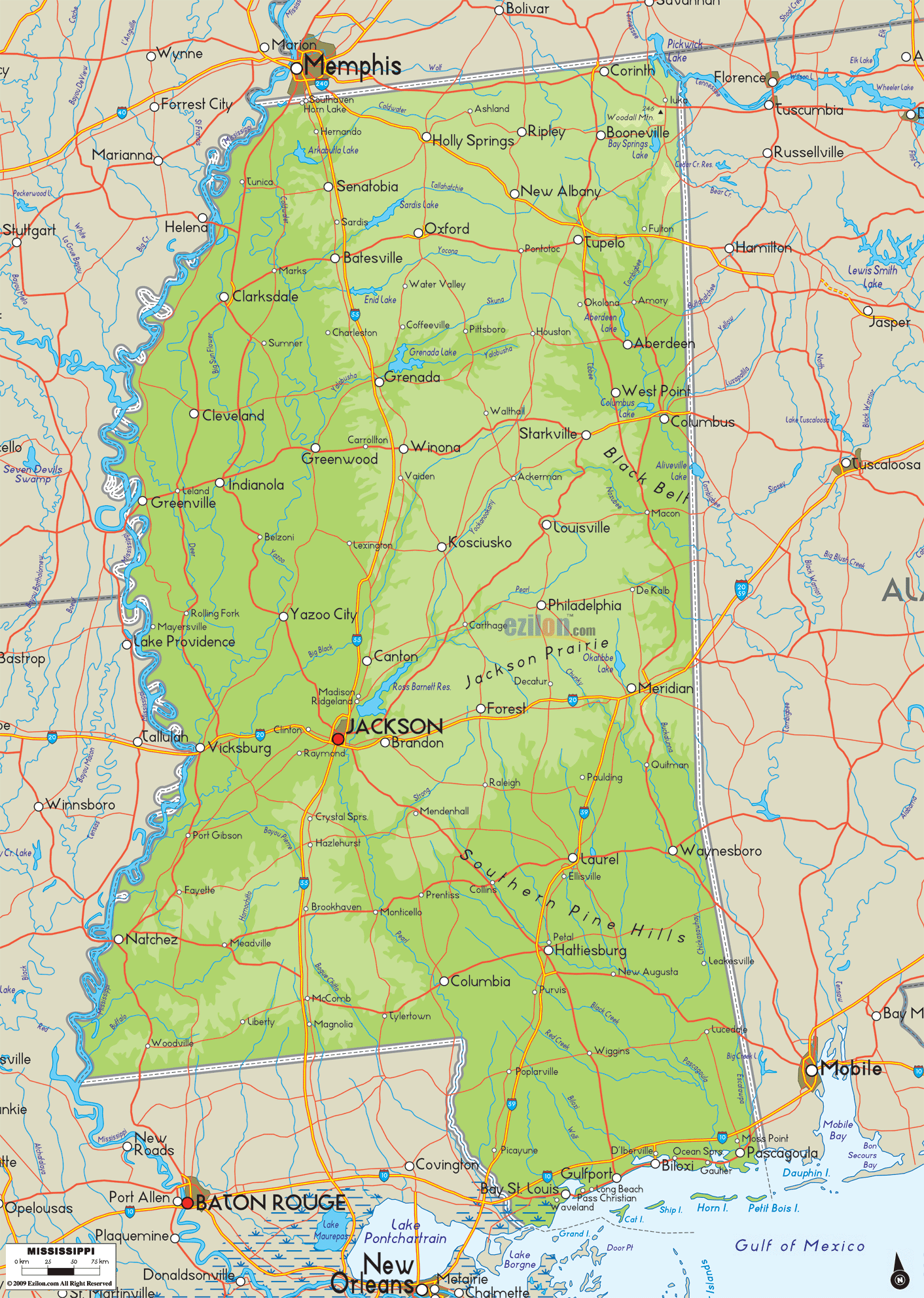 Detailed physical map of Mississippi State, USA showing major geographical features such as rivers, lakes, topography and land formations.