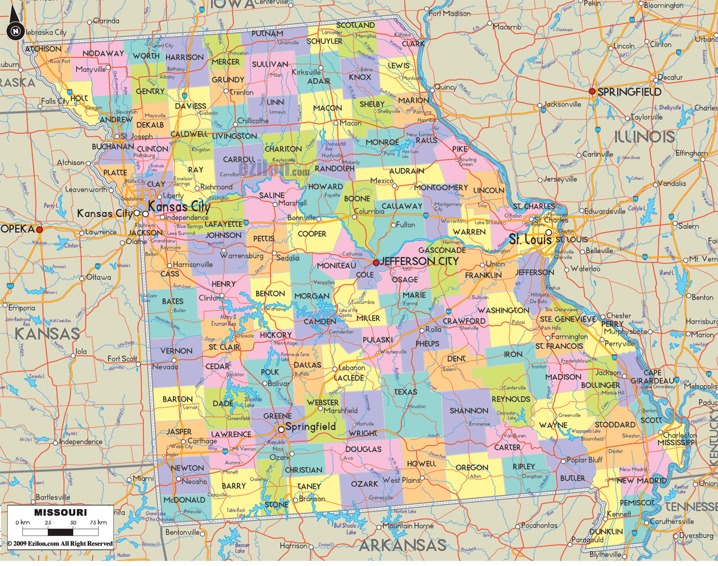 Detailed large map of Missouri State, USA showing cities, towns, county formations, roads highway, US highways and State routes.