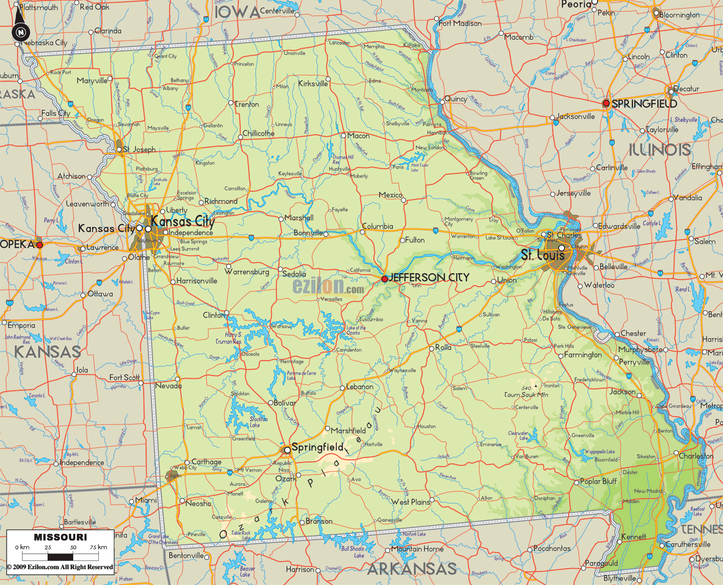 Physical map of Missouri State, USA showing major geographical features such as rivers, lakes, topography and land formations.