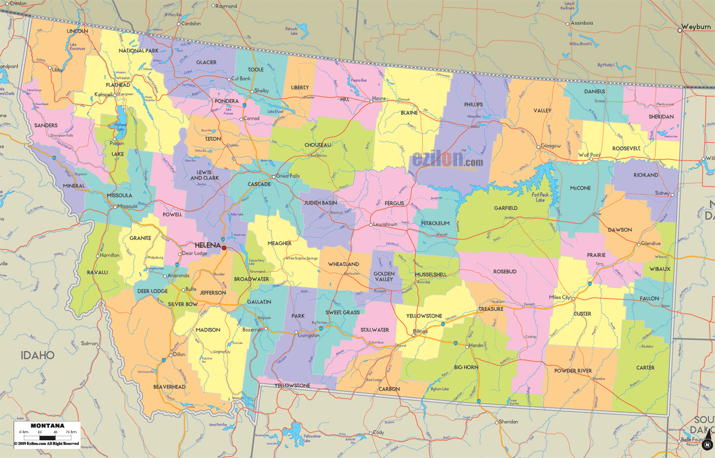 Large map of Montana State, USA showing cities, towns, county formations, roads highway, US highways and State routes.