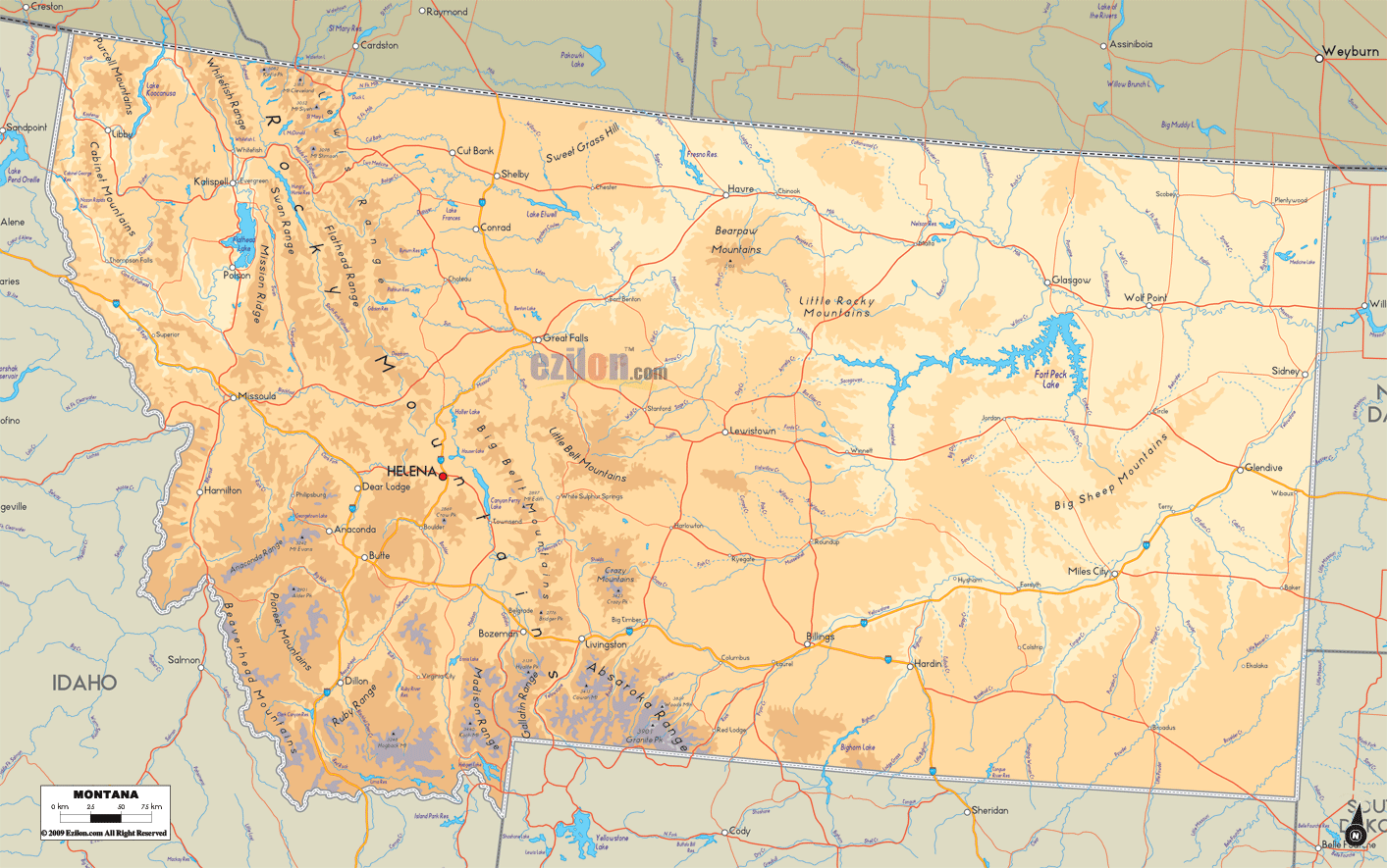 Physical map of Montana State, USA showing major geographical features such as rivers, lakes, topography and land formations.