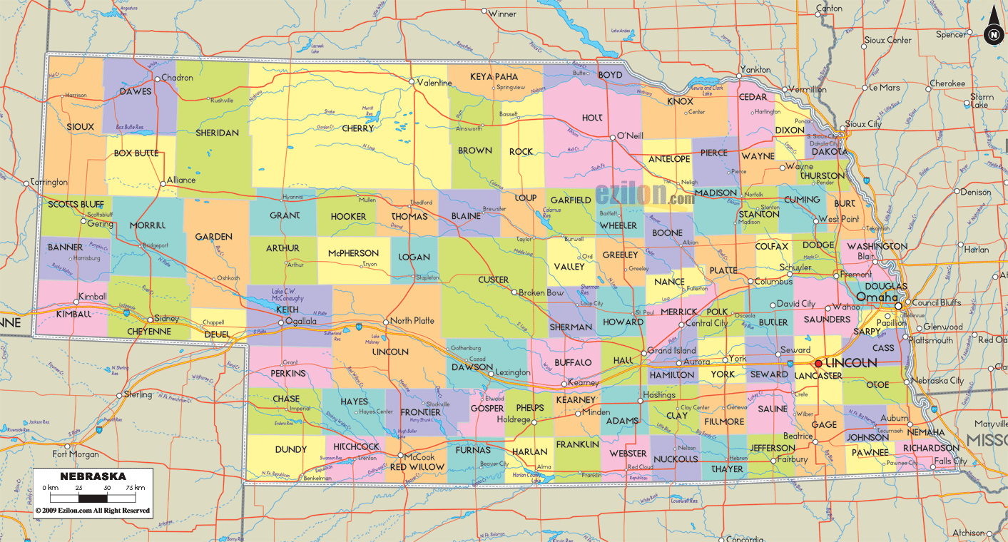 Detailed large map of Nebraska State, USA showing cities, towns, county formations, roads highway, US highways and State routes.