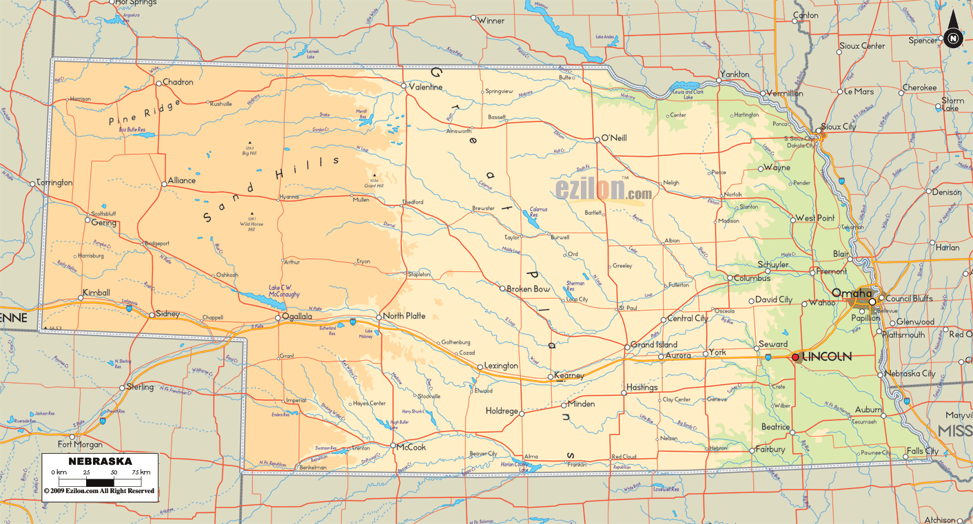 Physical map of Nebraska State, USA showing major geographical features such as rivers, lakes, topography and land formations.