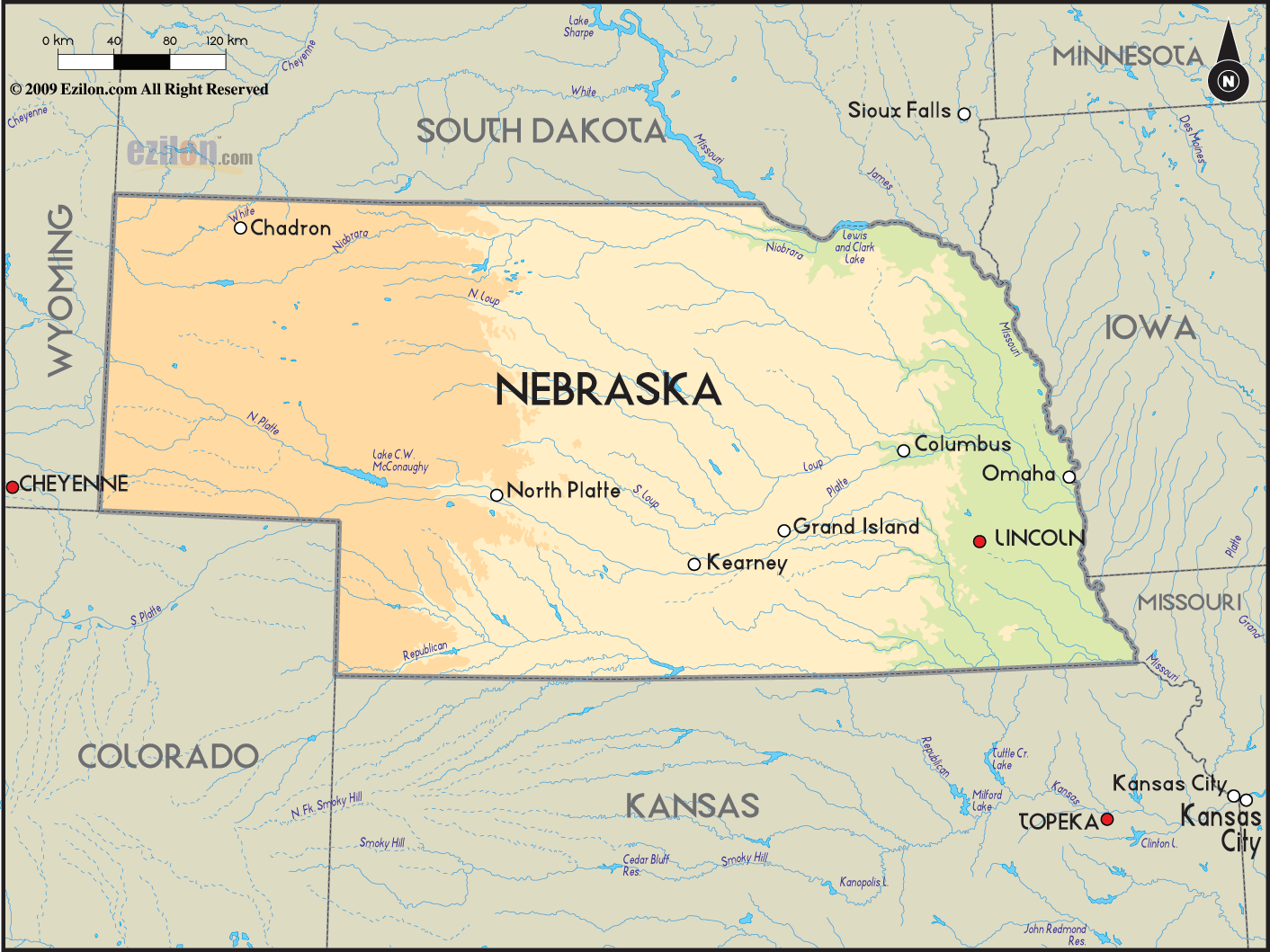 Geographical Map of Nebraska and Nebraska Geographical Maps