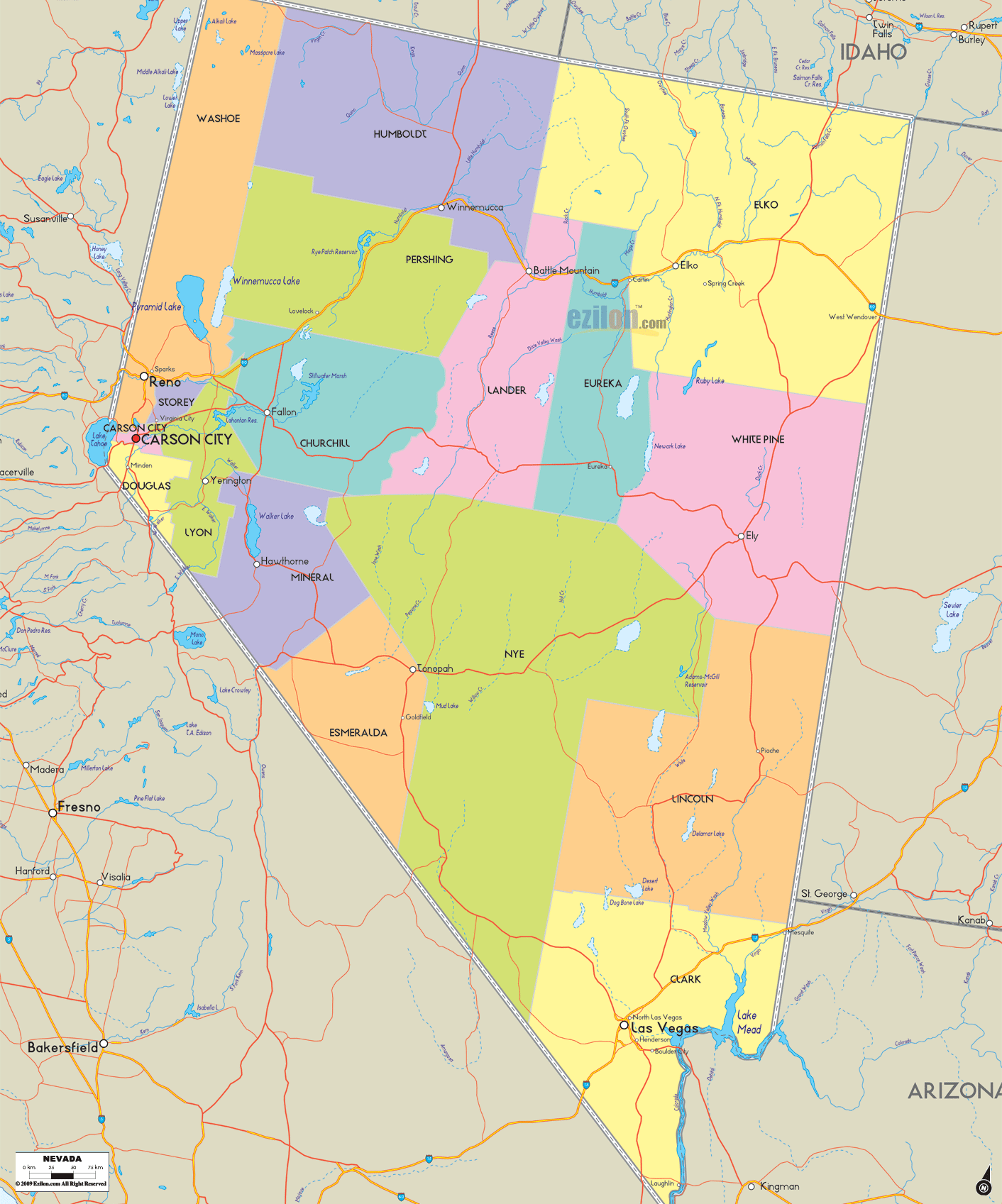 Detailed large map of Nevada State, USA showing cities, towns, county formations, roads highway, US highways and State routes.