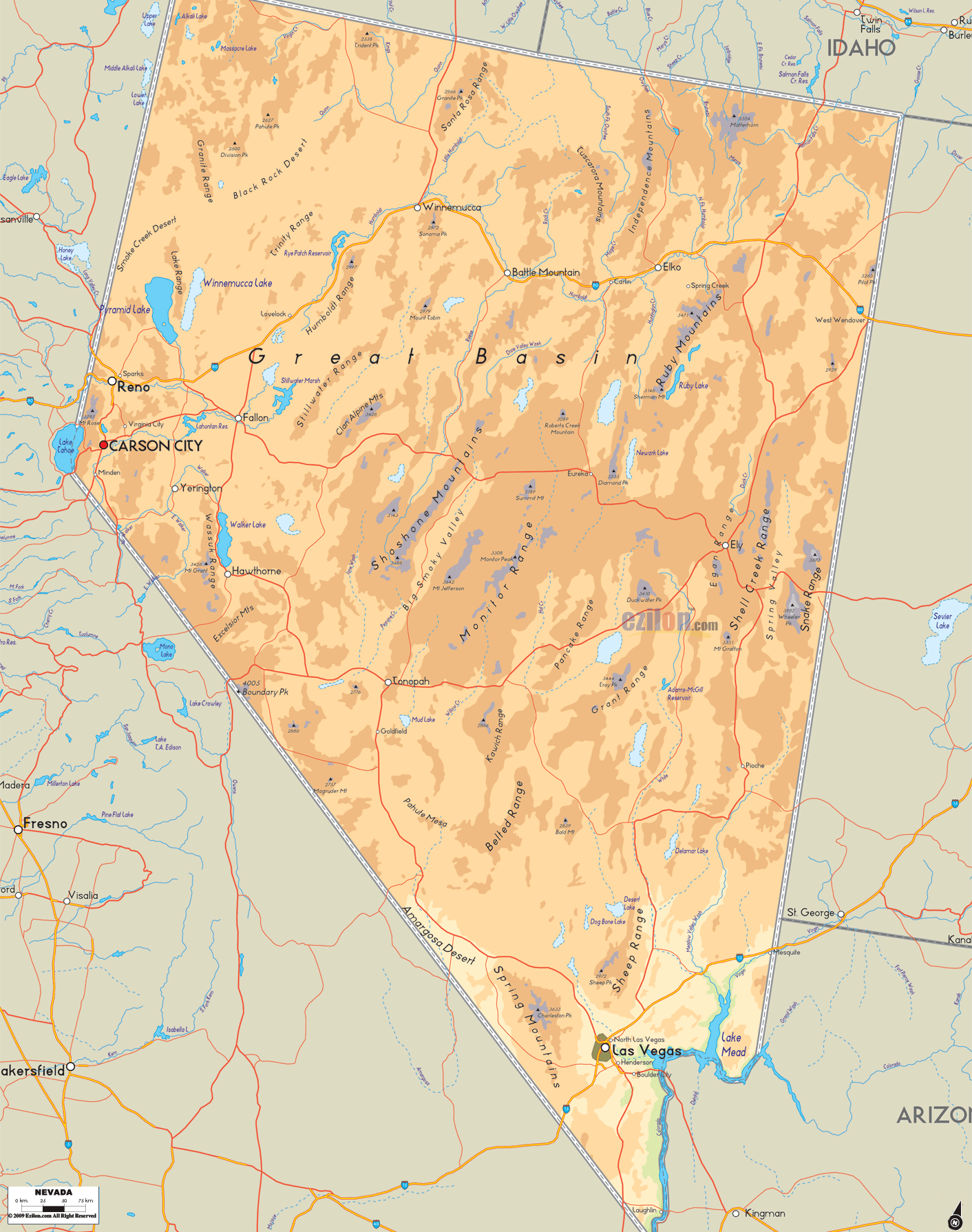 Physical map of Nevada State, USA showing major geographical features such as rivers, lakes, topography and land formations.
