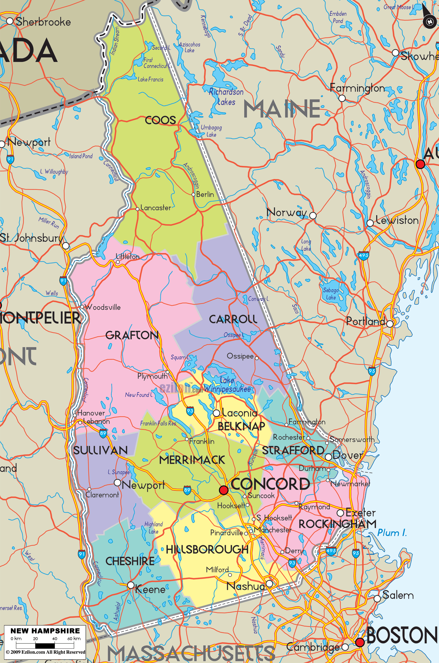 Detailed large map of New Hampshire State, USA showing cities, towns, county formations, roads highway, US highways and State routes.