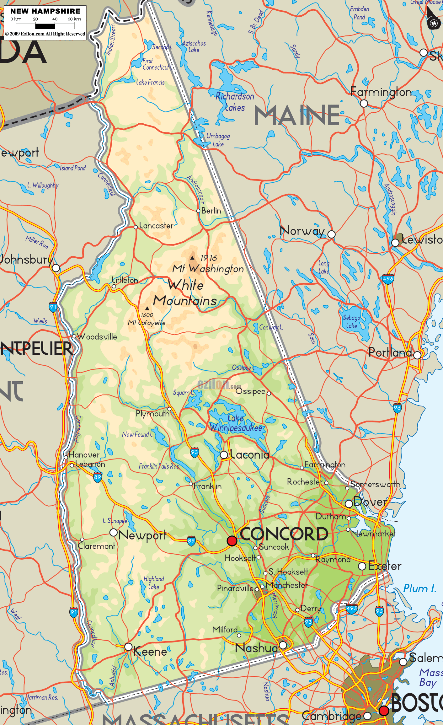 Large Detailed Physical map of New Hampshire State, USA showing major geographical features such as rivers, lakes, topography and land formations.