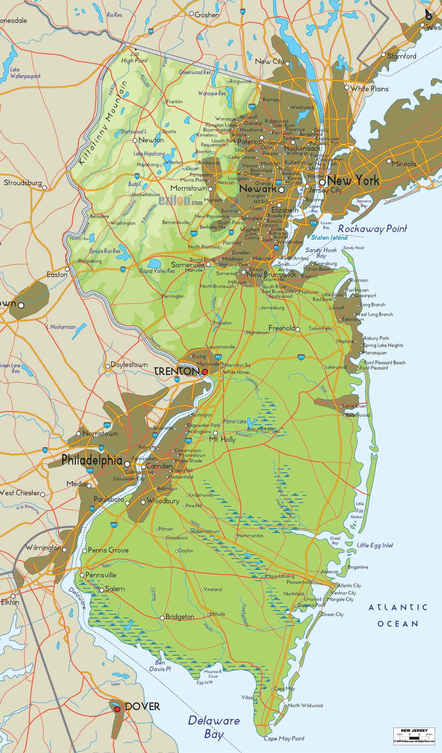 Physical map of New Jersey State, USA showing major geographical features such as rivers, lakes, topography and land formations.