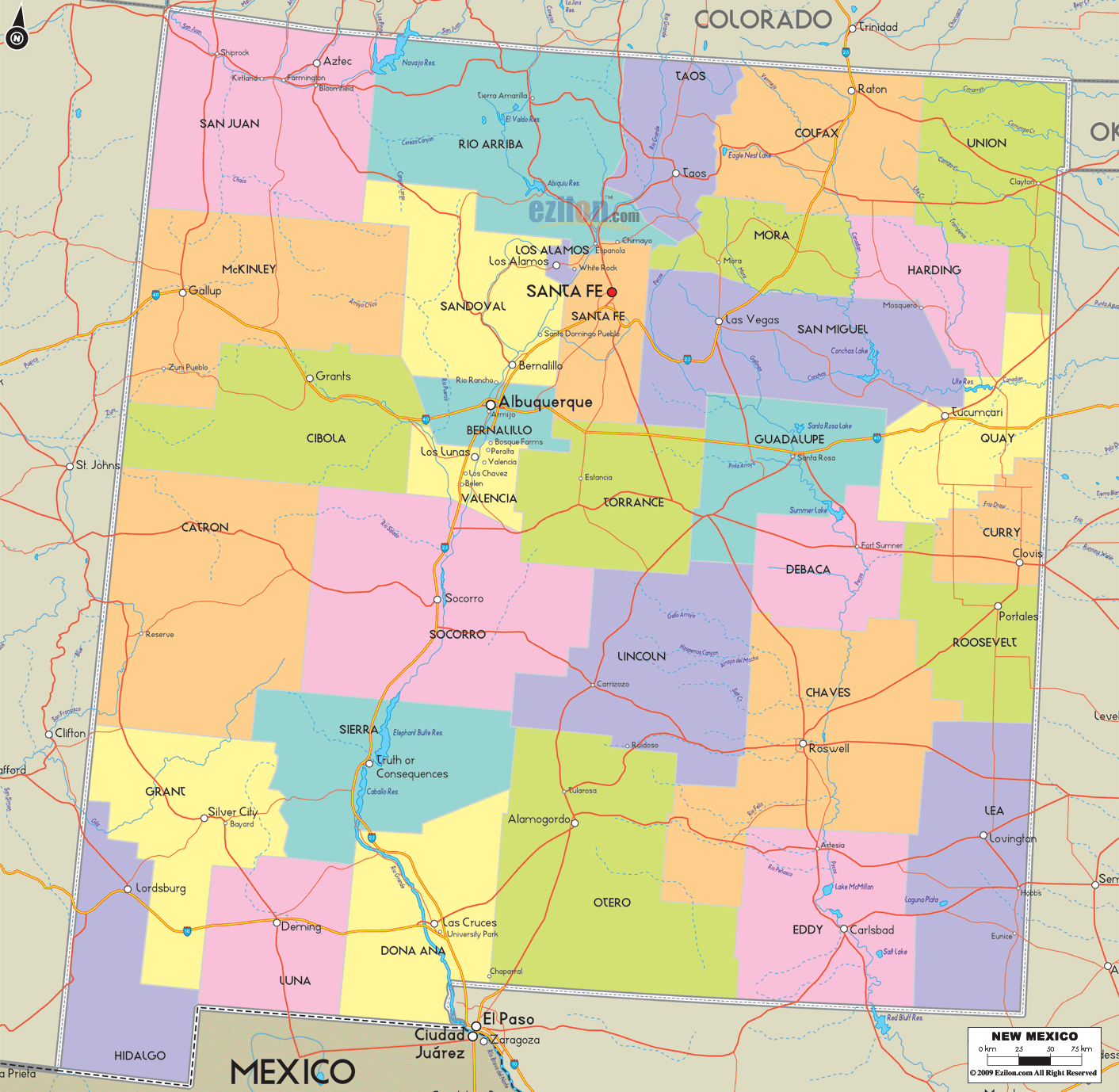 Large map of New Mexico State, USA showing cities, towns, county formations, roads highway, US highways and State routes.