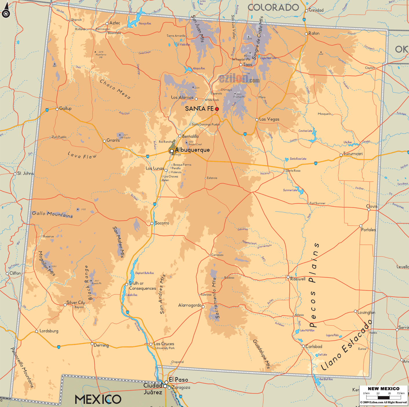 Physical map of New Mexico State, USA showing major geographical features such as rivers, lakes, topography and land formations.