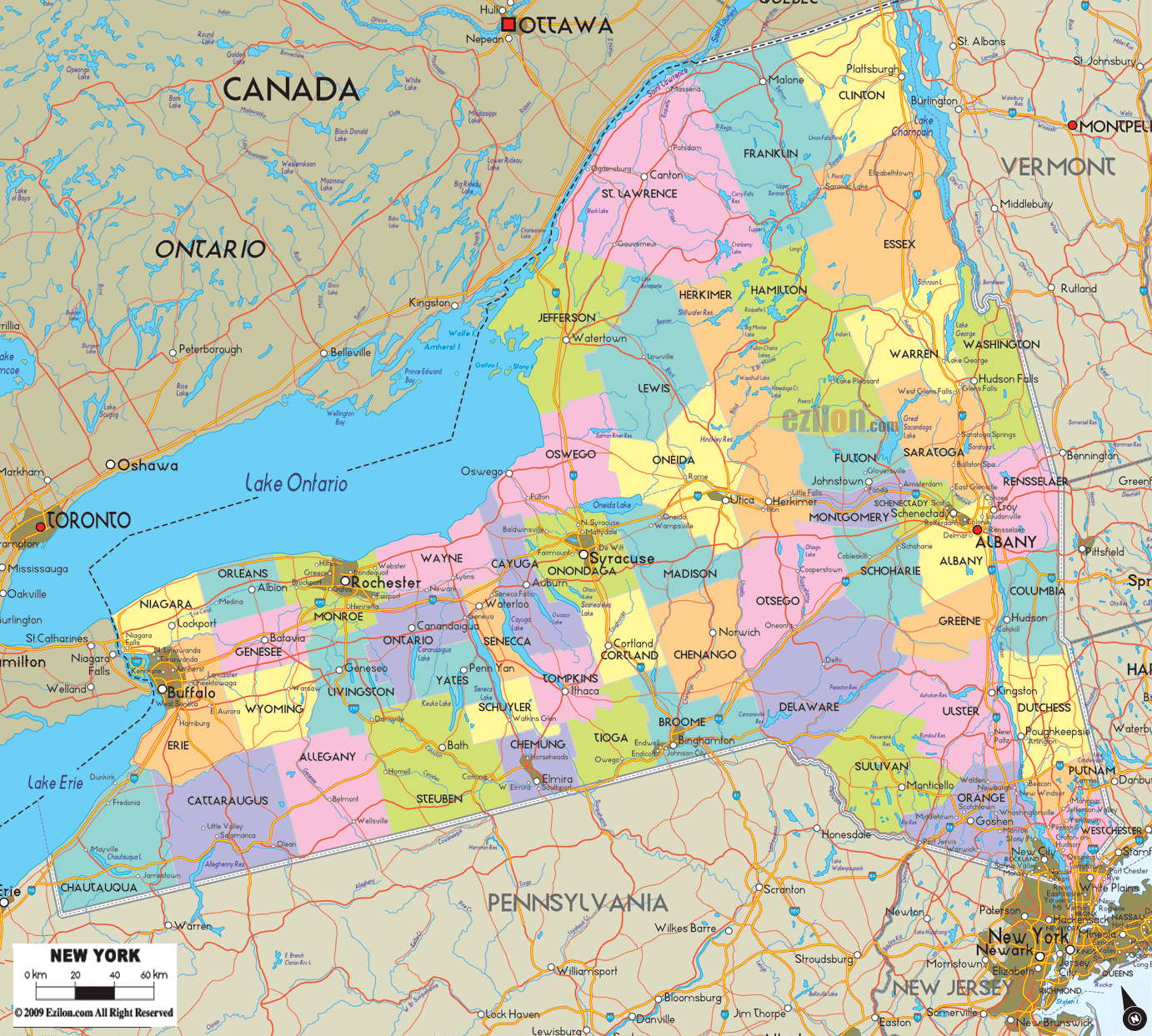 Detailed Political Map Of New York State Ezilon Maps