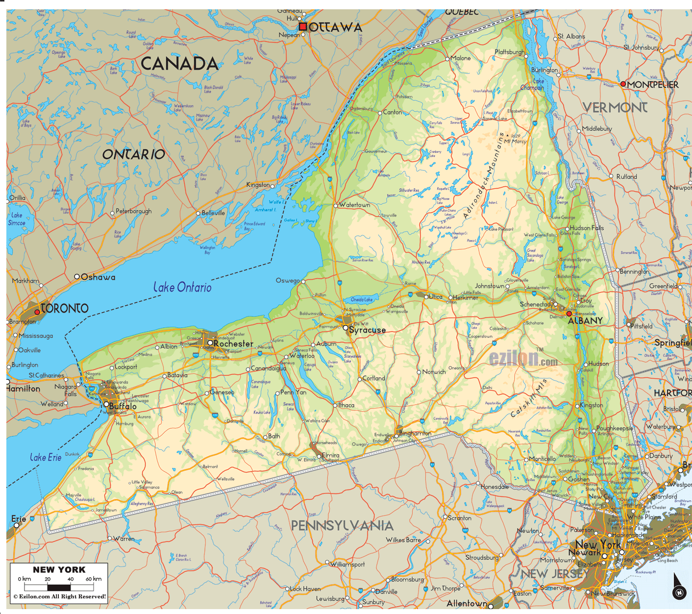 Physical map of New York State, USA showing major geographical features such as rivers, lakes, topography and land formations.